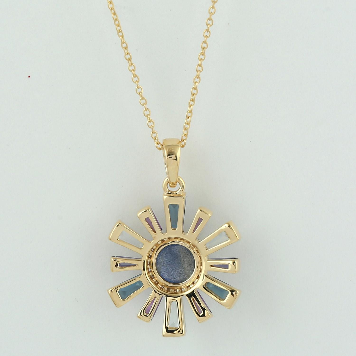 Contemporary Baguette Multi Gemstone & Diamond Pendant Chain Necklace Made In 18k Yellow Gold For Sale