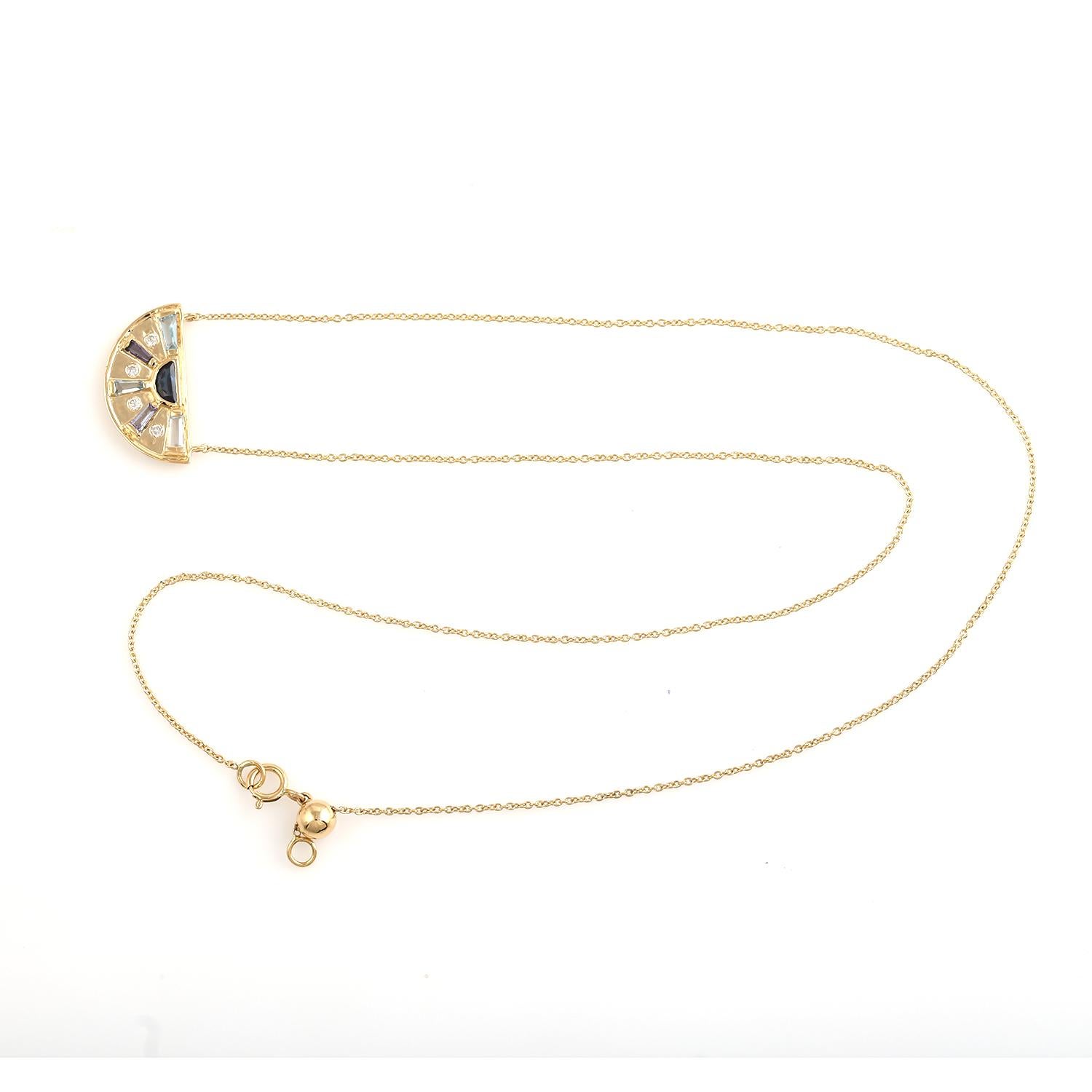 Art Déco Collana a catena con ciondolo multi gemma e diamante Baguette in oro giallo 18 carati in vendita