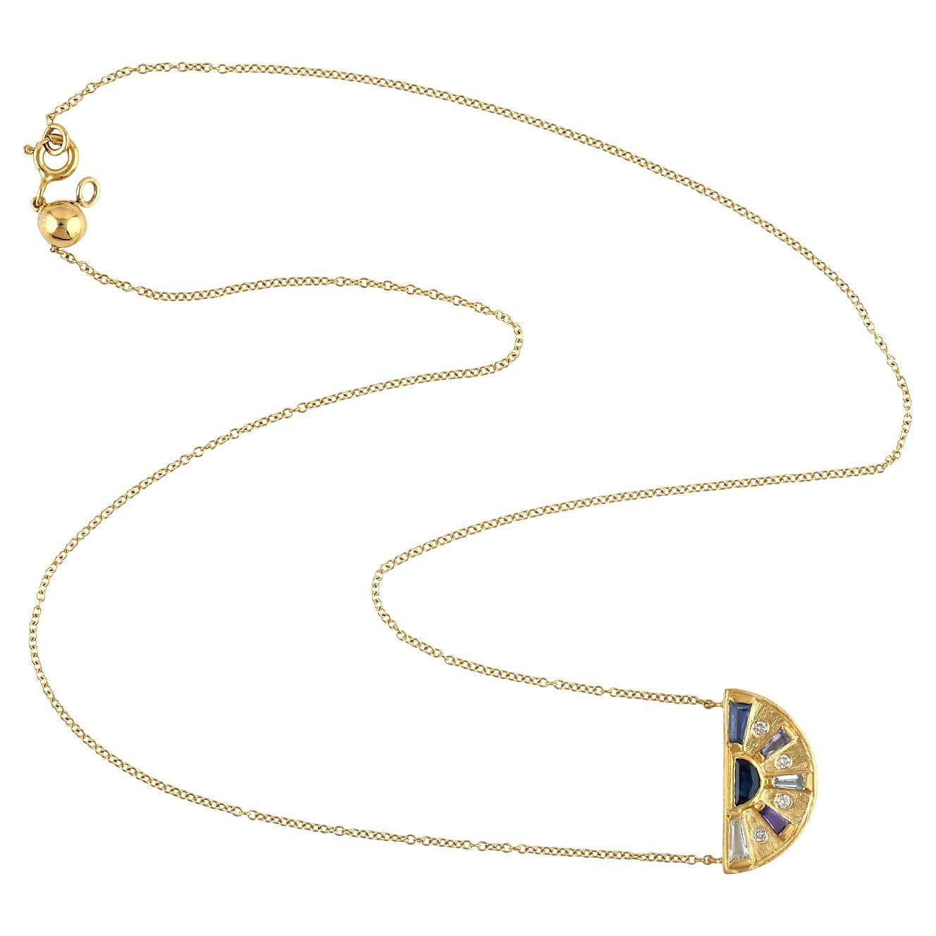 Baguette Multi Gemstone & Diamond Pendant Chain Necklace Made In 18k Yellow Gold