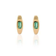 Baguette Natural Emerald Studded Dome Huggie Earrings in 14kt Solid Yellow Gold