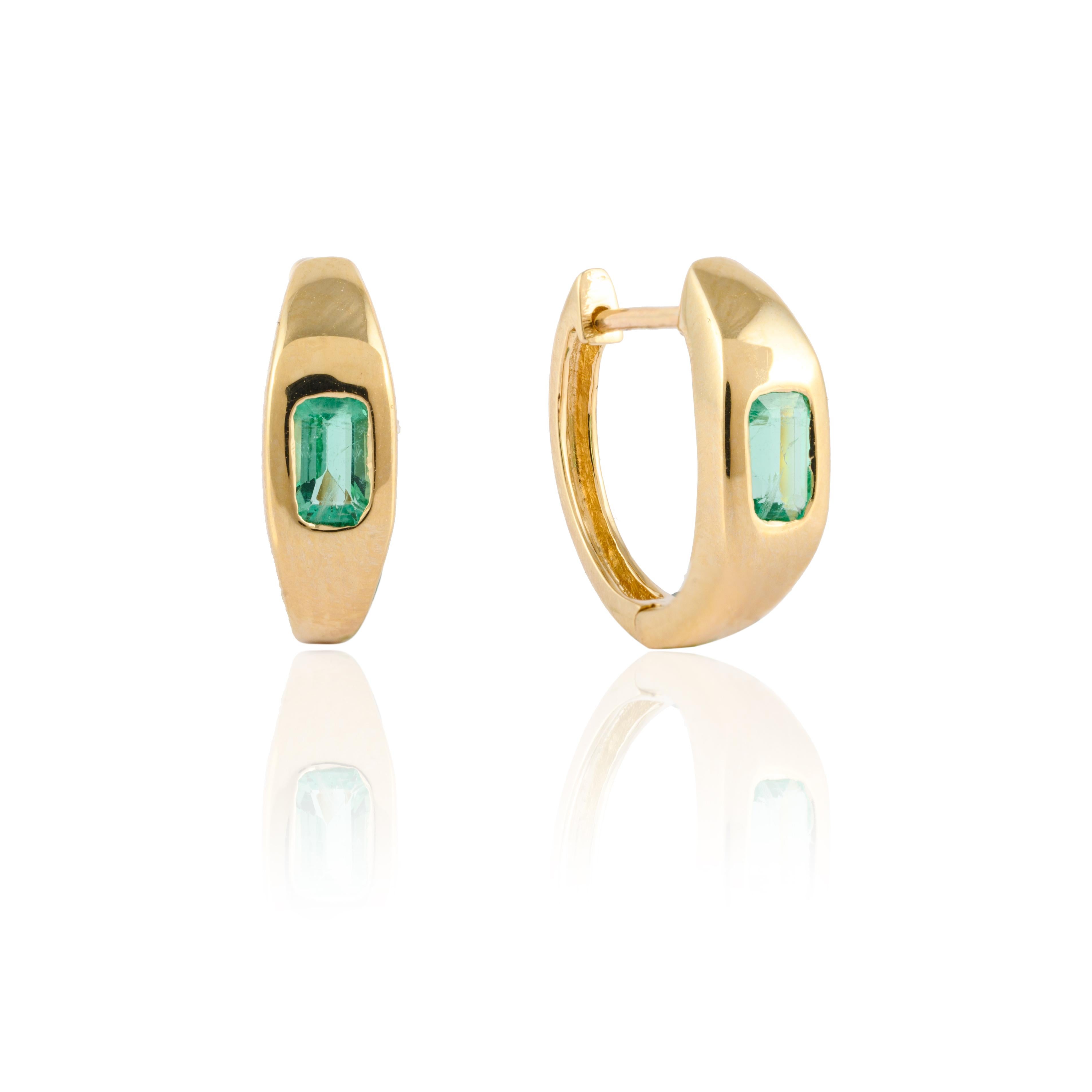 Modern Baguette Natural Emerald Studded Dome Huggie Earrings in 14kt Solid Yellow Gold For Sale