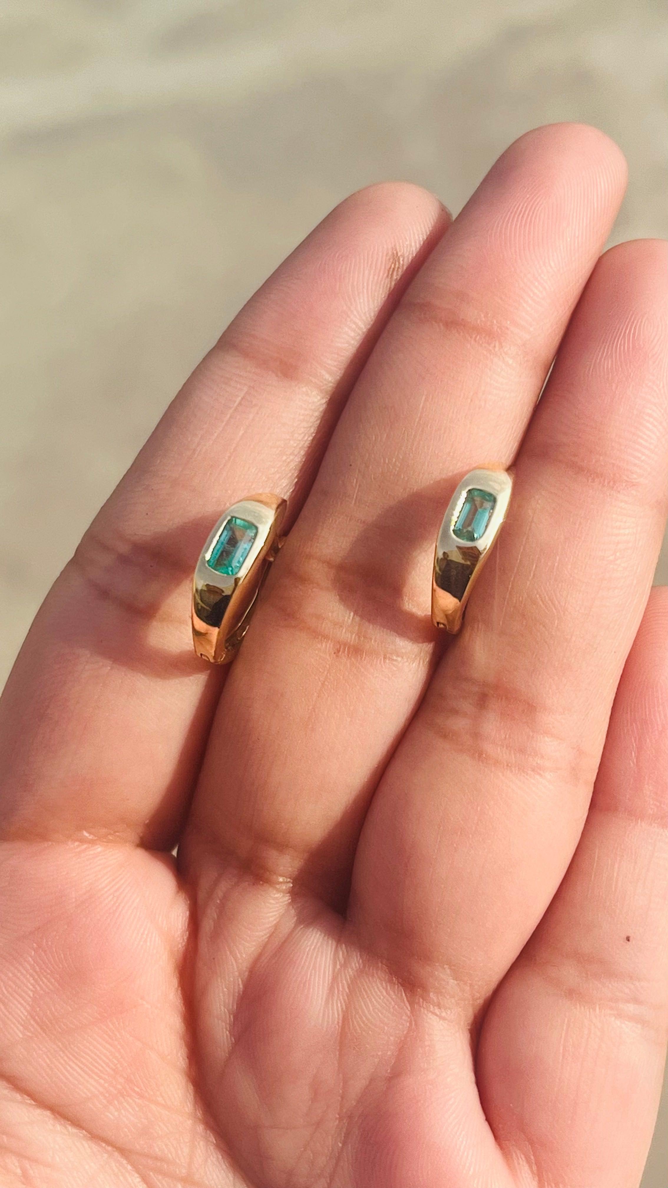 Women's Baguette Natural Emerald Studded Dome Huggie Earrings in 14kt Solid Yellow Gold For Sale