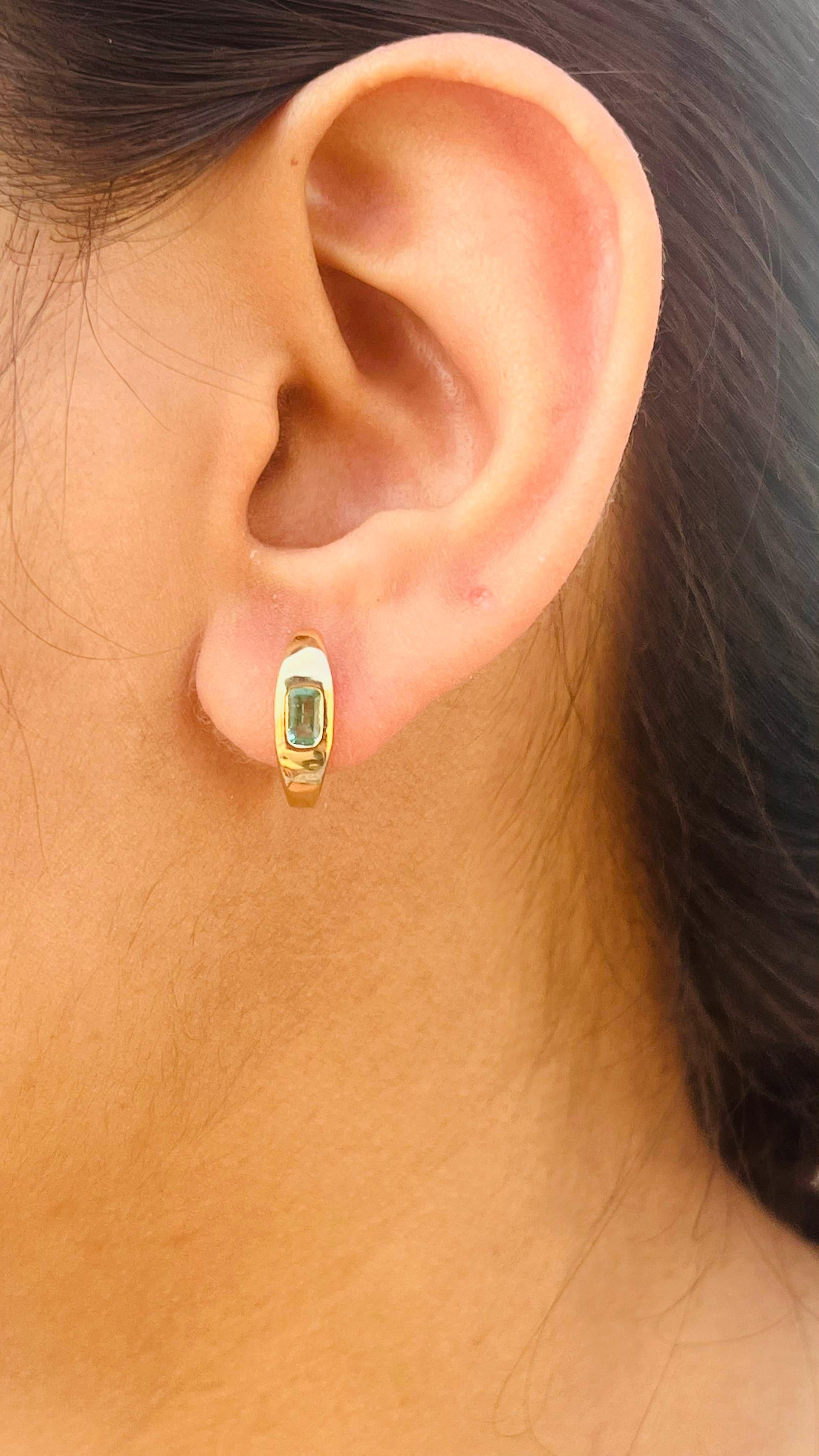 Baguette Natural Emerald Studded Dome Huggie Earrings in 14kt Solid Yellow Gold For Sale 1