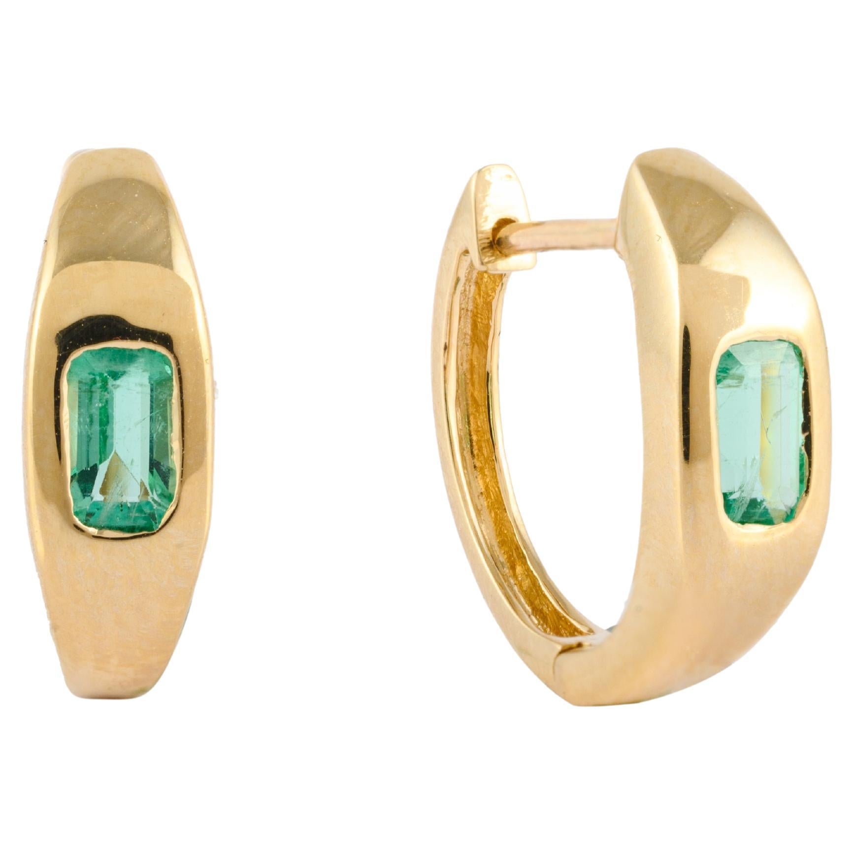 Baguette Natural Emerald Studded Dome Huggie Earrings in 14kt Solid Yellow Gold For Sale