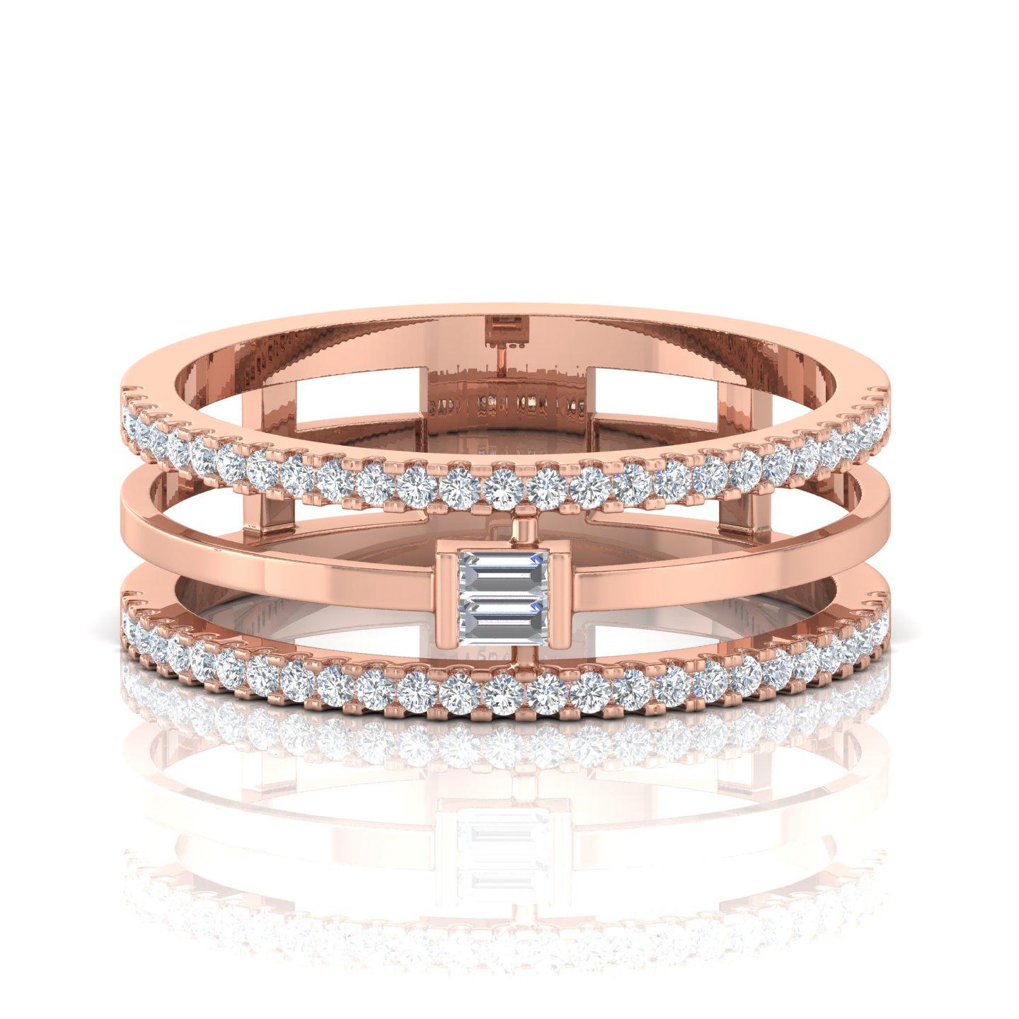 For Sale:  Baguette Pavé SI/H Diamonds Triple Band 18k Rose Gold Wedding Band Ring 5