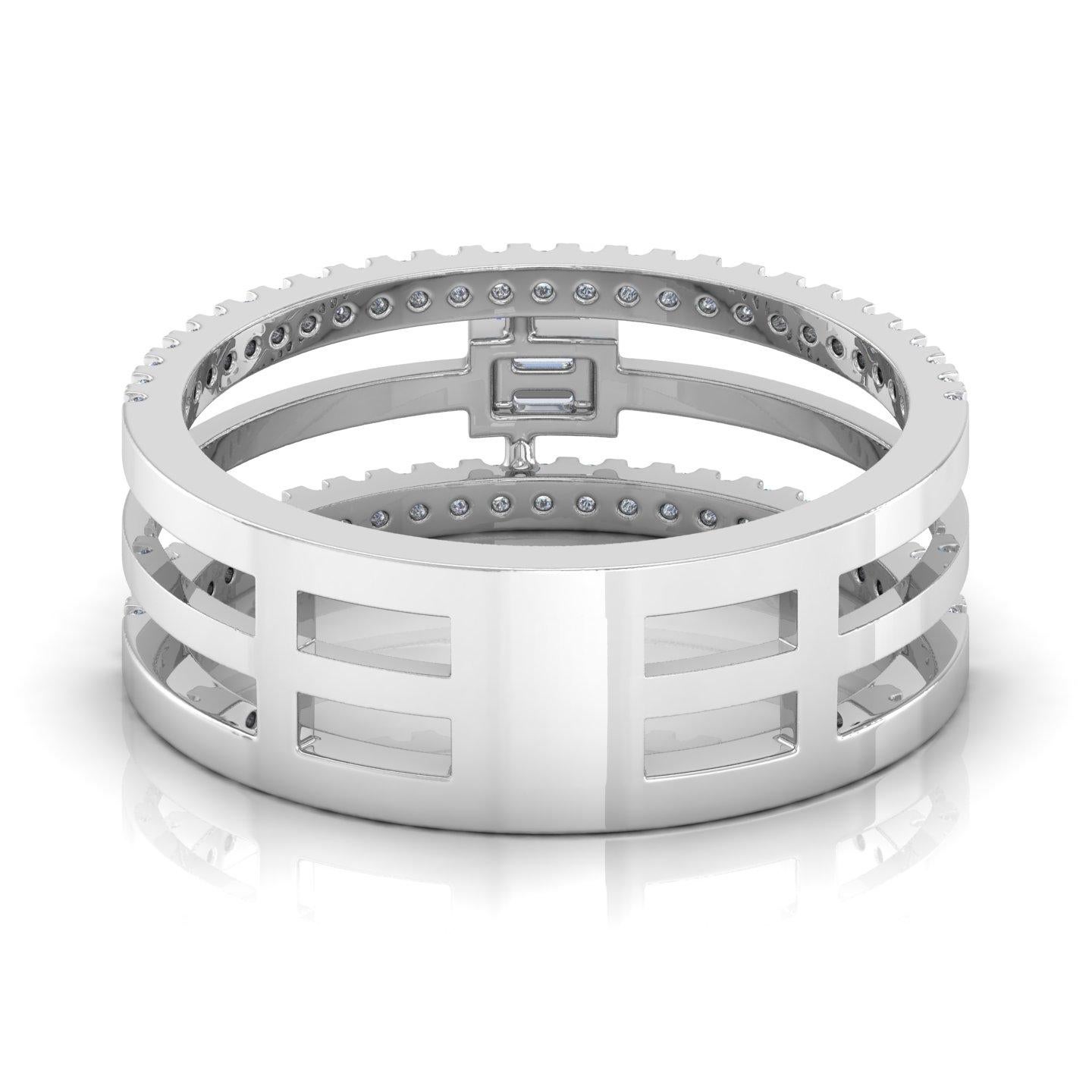 For Sale:  Baguette Pavé SI/H Diamonds Triple Band 18k White Gold Wedding Band Ring 3