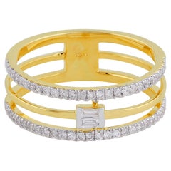 Baguette Pavé SI/H Diamonds Triple Band 18k Yellow Gold Wedding Band Ring