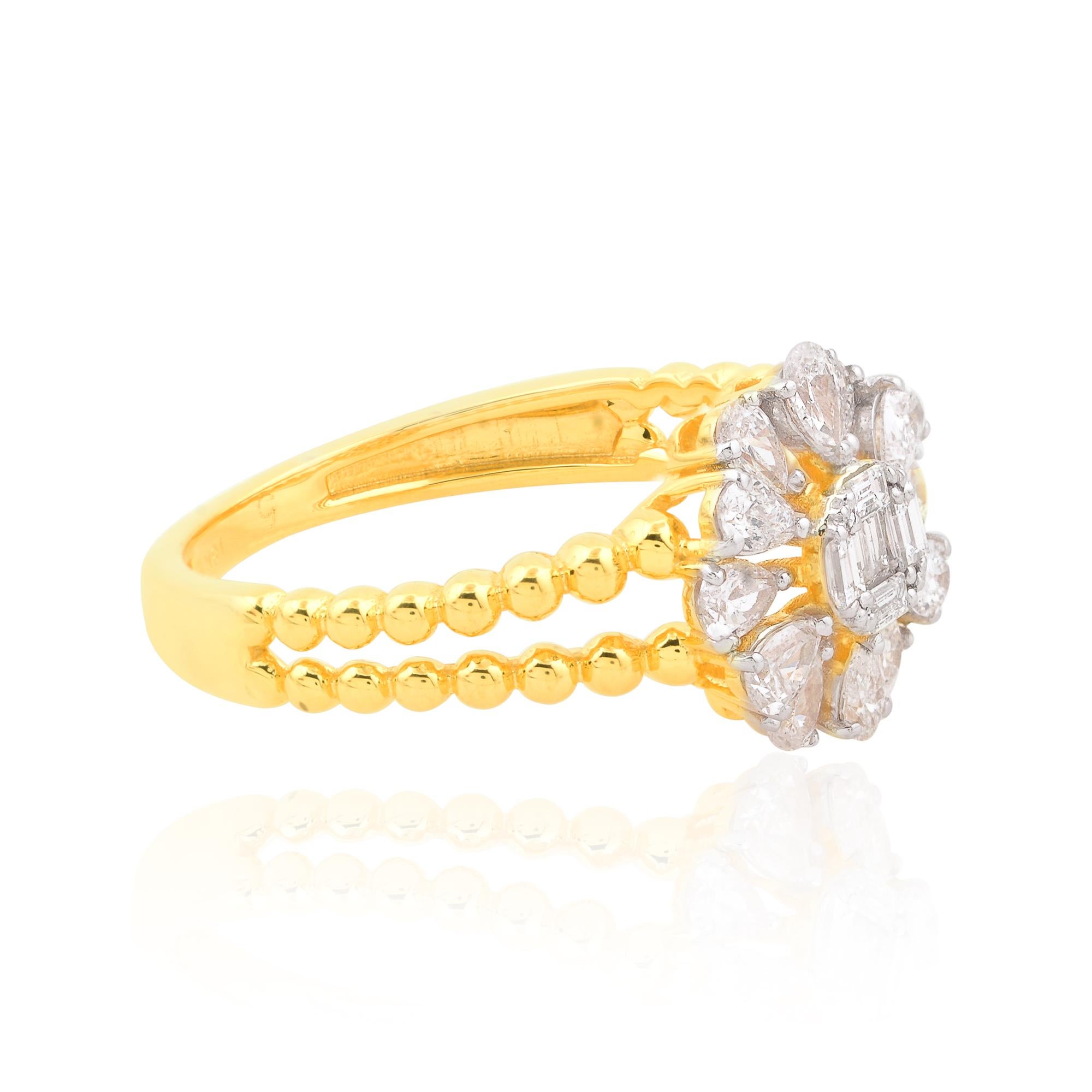 For Sale:  Baguette Pear Diamond Flower Ring Solid 18k Yellow Gold Handmade Fine Jewelry 2
