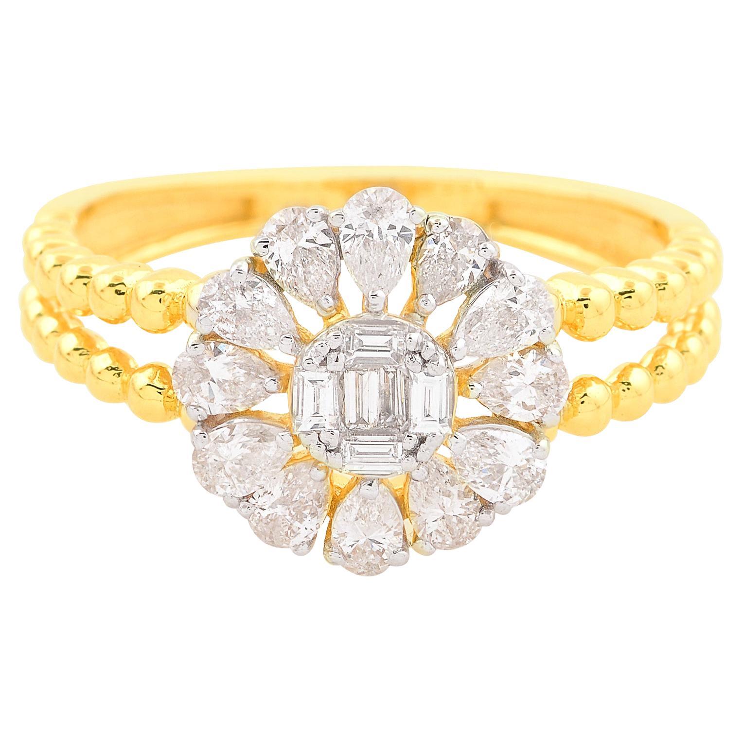 For Sale:  Baguette Pear Diamond Flower Ring Solid 18k Yellow Gold Handmade Fine Jewelry