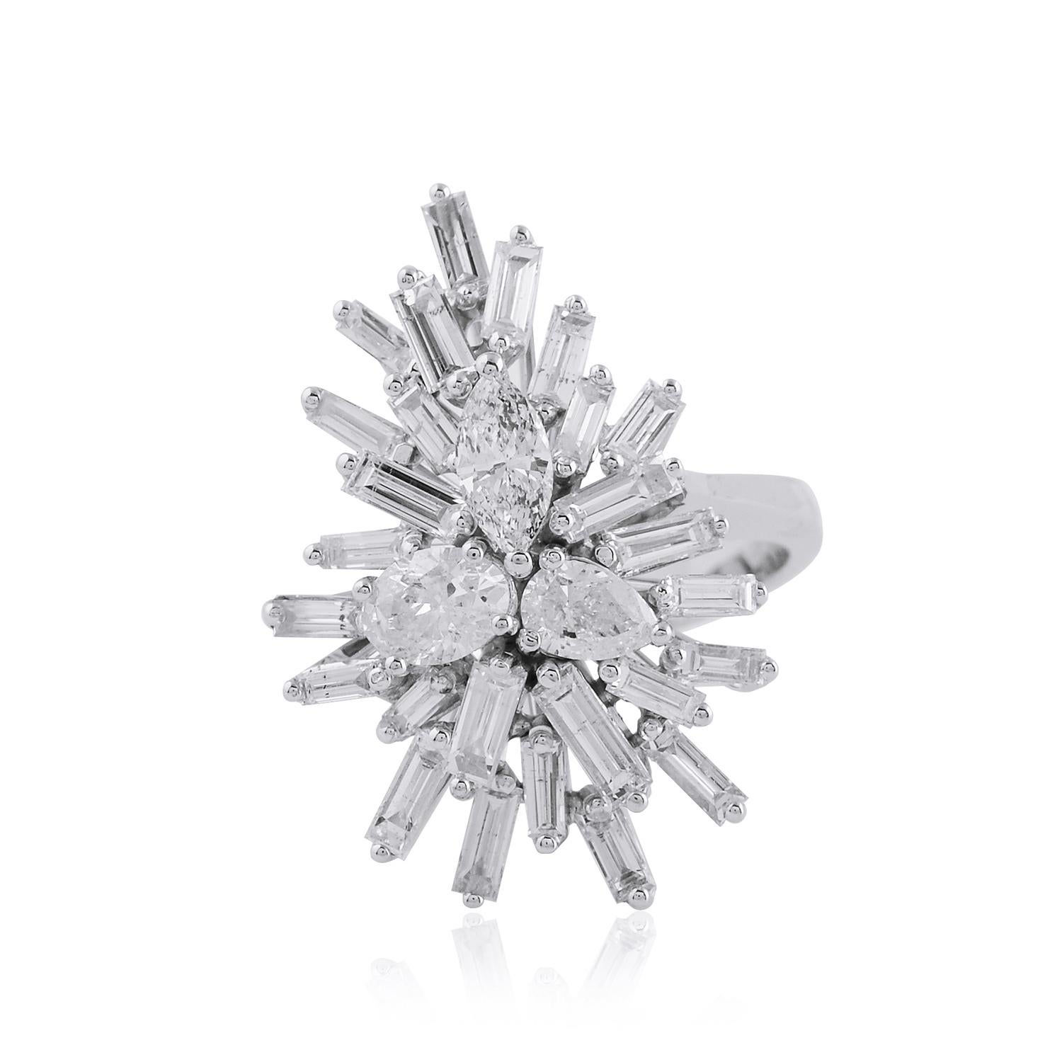 Baguette Cut Baguette Pear Marquise Diamond Starburst Ring 14 Karat White Gold Fine Jewelry For Sale