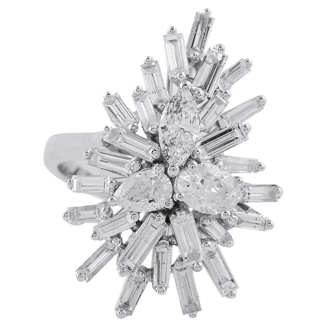 Baguette Pear Marquise Diamond Starburst Ring 14 Karat White Gold Fine Jewelry For Sale