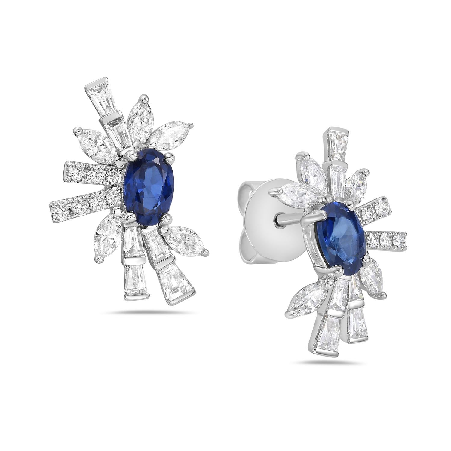 Art Deco Baguette & Pear Shaped 18k Stud Earrings With Blue Sapphire In Centre For Sale