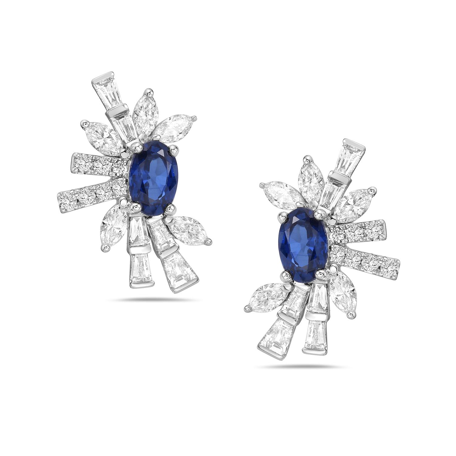 Mixed Cut Baguette & Pear Shaped 18k Stud Earrings With Blue Sapphire In Centre For Sale