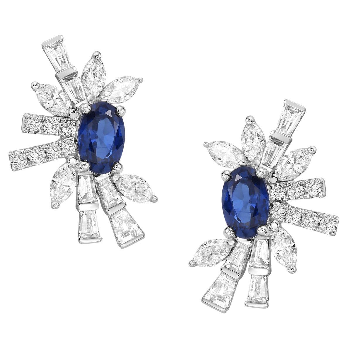 Baguette & Pear Shaped 18k Stud Earrings With Blue Sapphire In Centre For Sale