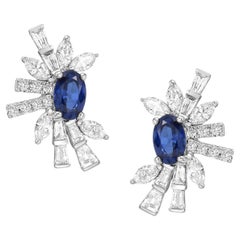 Baguette & Pear Shaped 18k Stud Earrings With Blue Sapphire In Centre