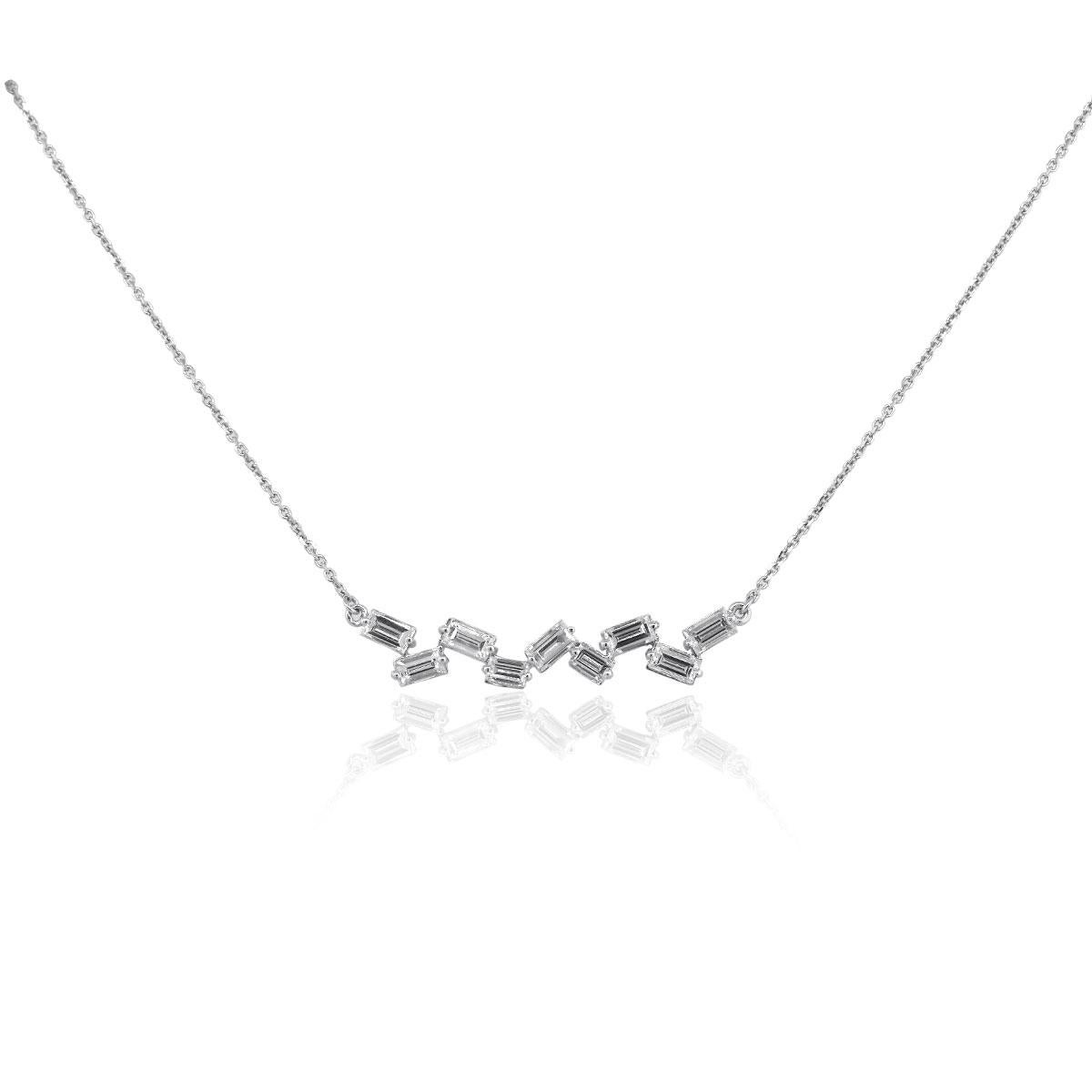 Material: 14k white gold
Diamond Details: Approx. 2.09ctw of baguette cut diamonds. Diamonds are G/H in color and VS in clarity
Necklace Measurements: 19