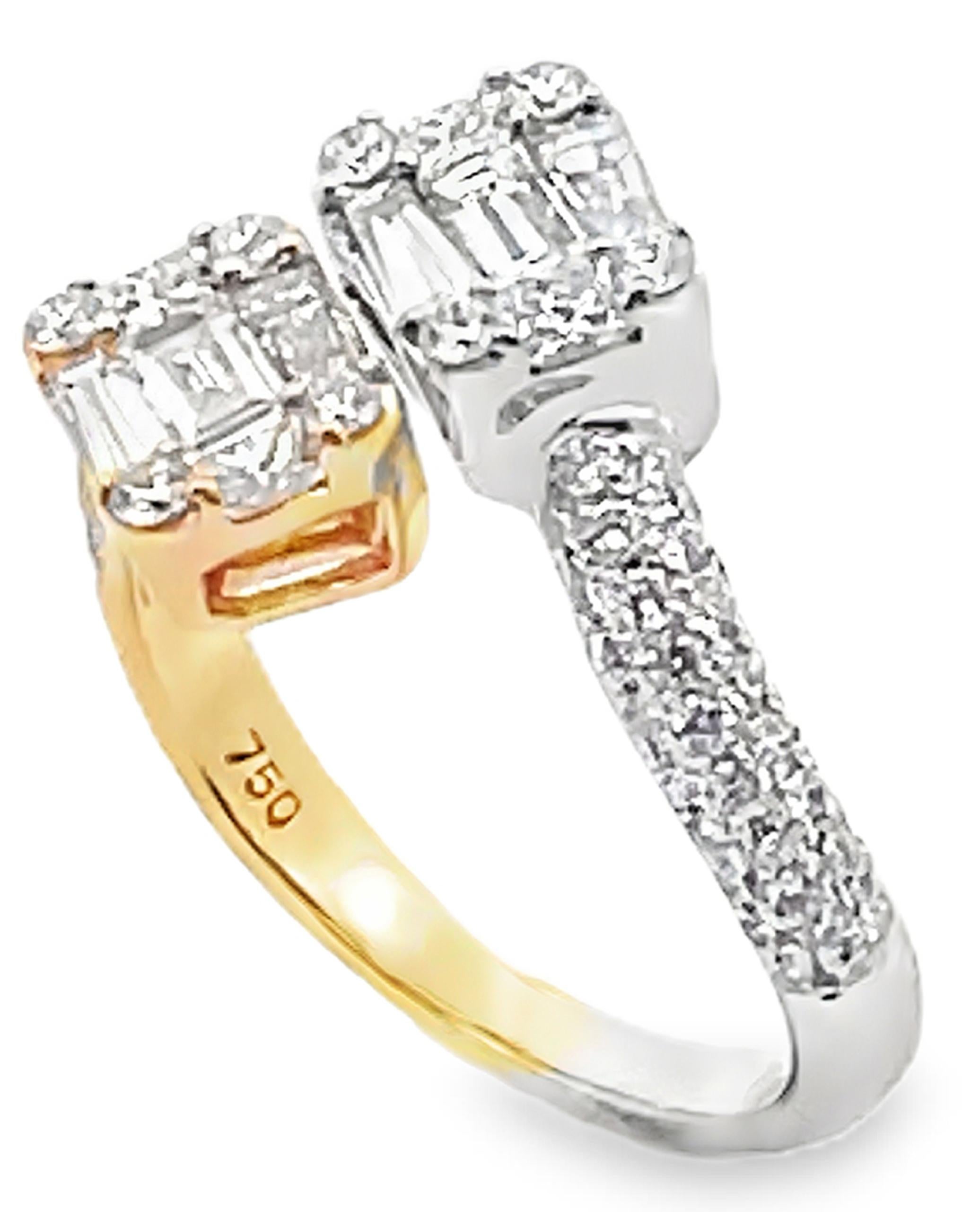 Baguette, Prinzess-Schliff und runder Diamant 18k Zwei-Ton-Bypass-Ring im Zustand „Neu“ im Angebot in Old Tappan, NJ