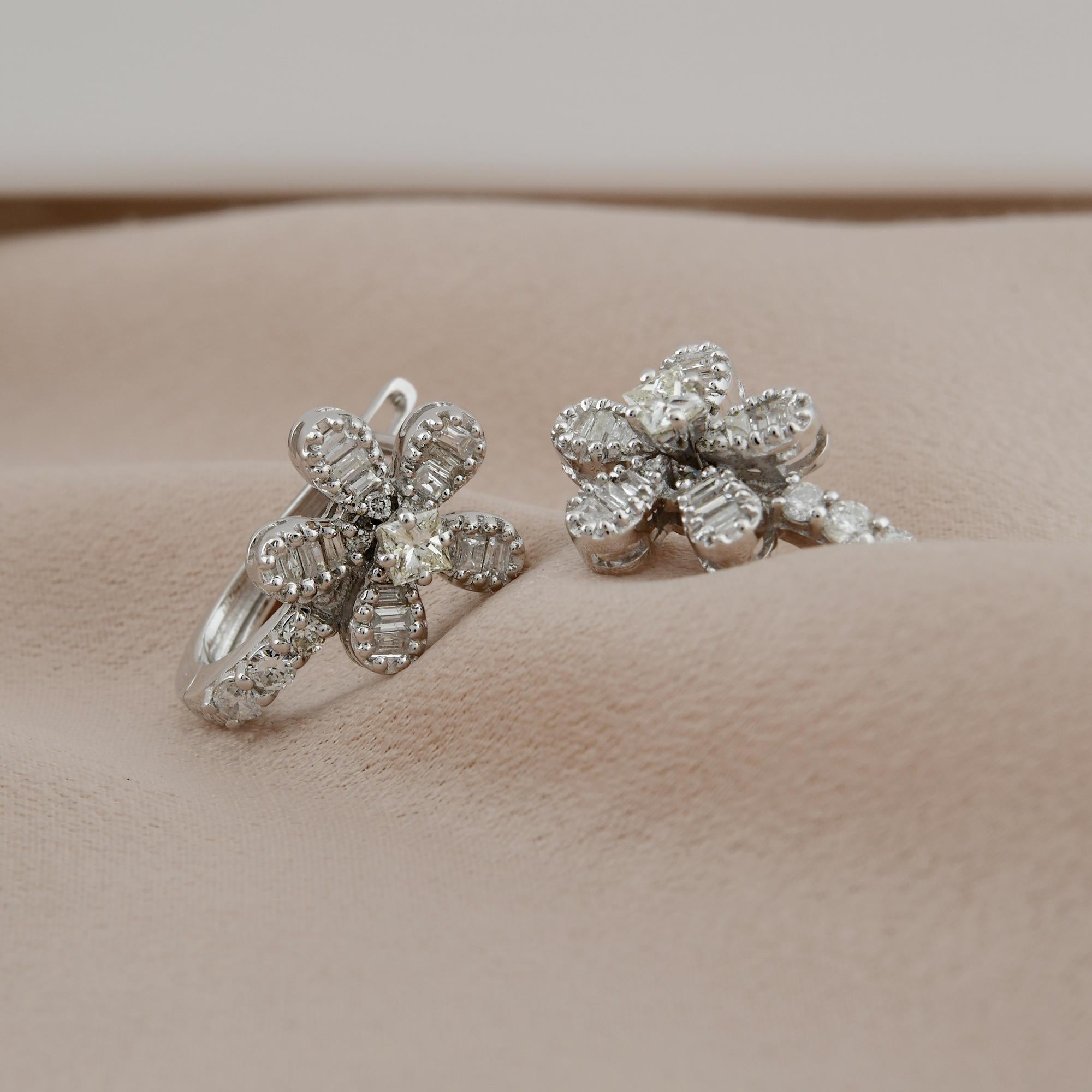 Baguette Cut Baguette & Princess Cut Diamond Flower Earrings 18 Karat White Gold Fine Jewelry For Sale