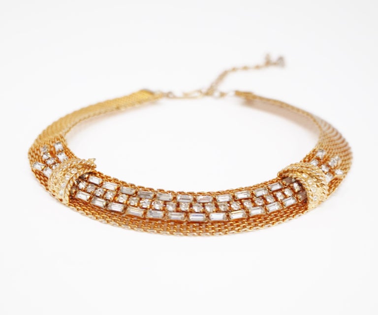 Baguette Rhinestone Mesh Choker Necklace by Jewels By Julio, circa 1950, Signed For Sale at