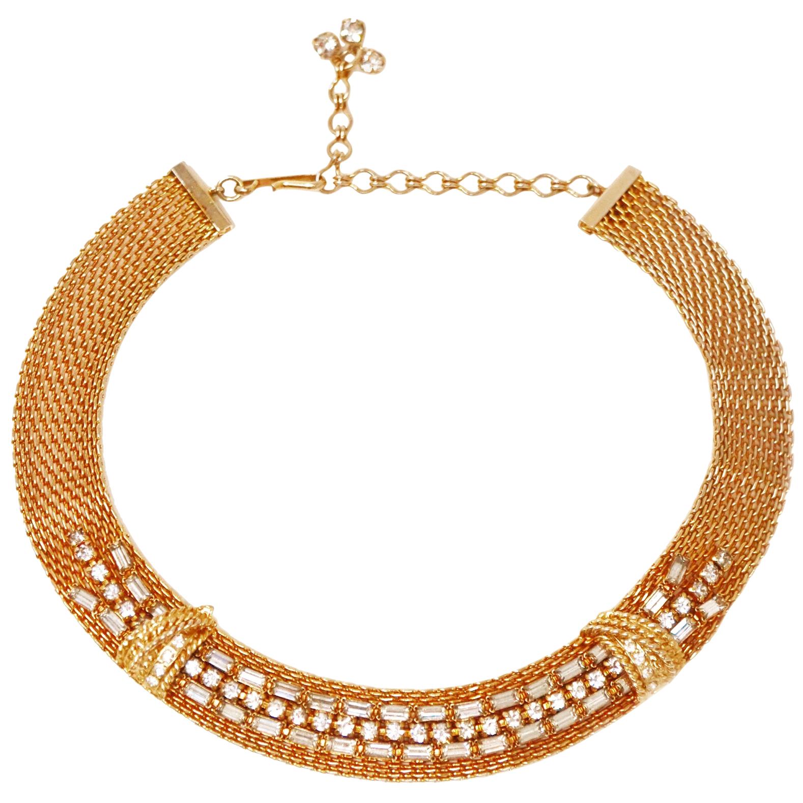 Baguette Rhinestone Mesh Choker Necklace by Jewels By Julio, circa 1950, Signed