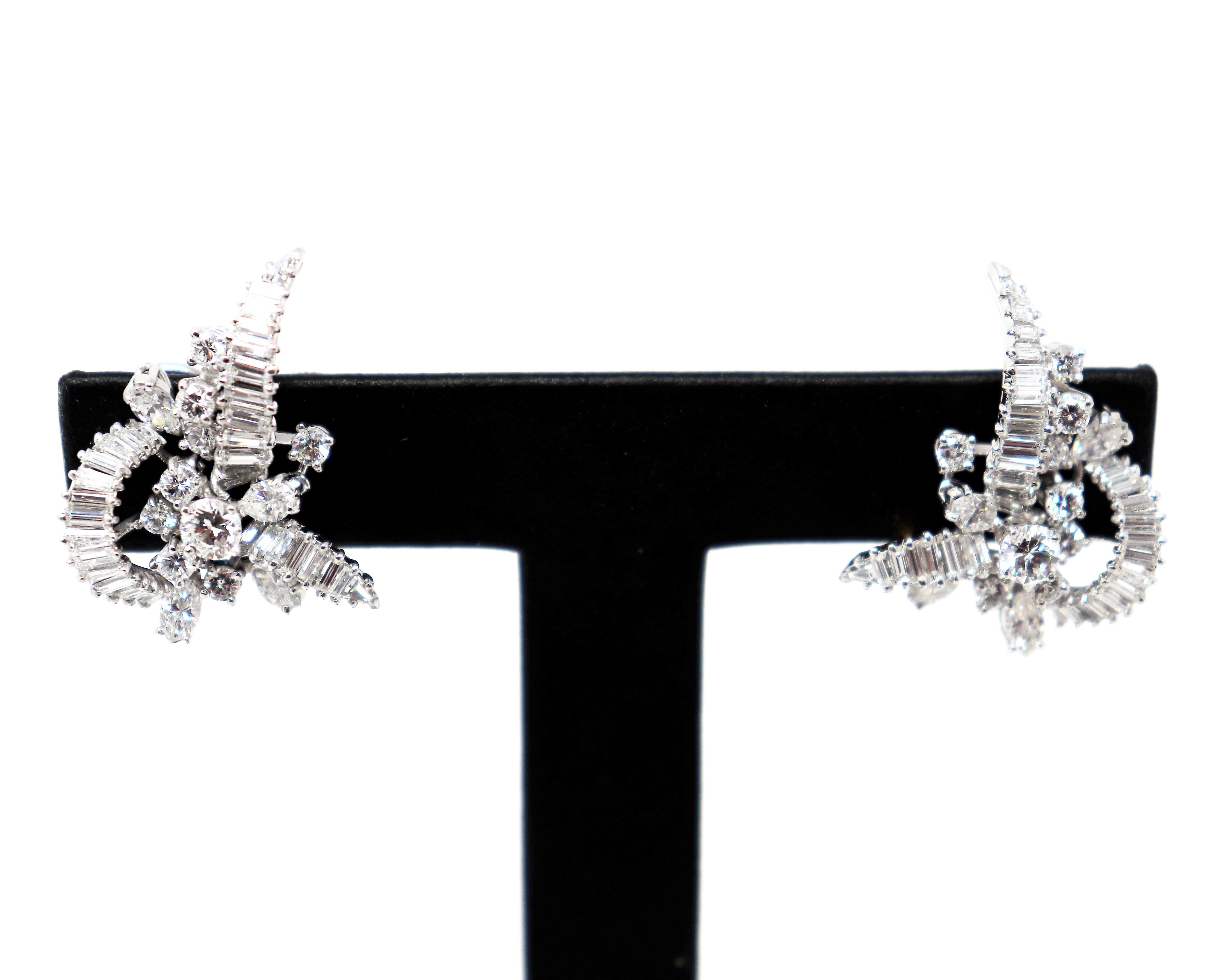 Baguette, Round and Marquis Diamond Cluster Earrings in Platinum with Omega Back For Sale 4