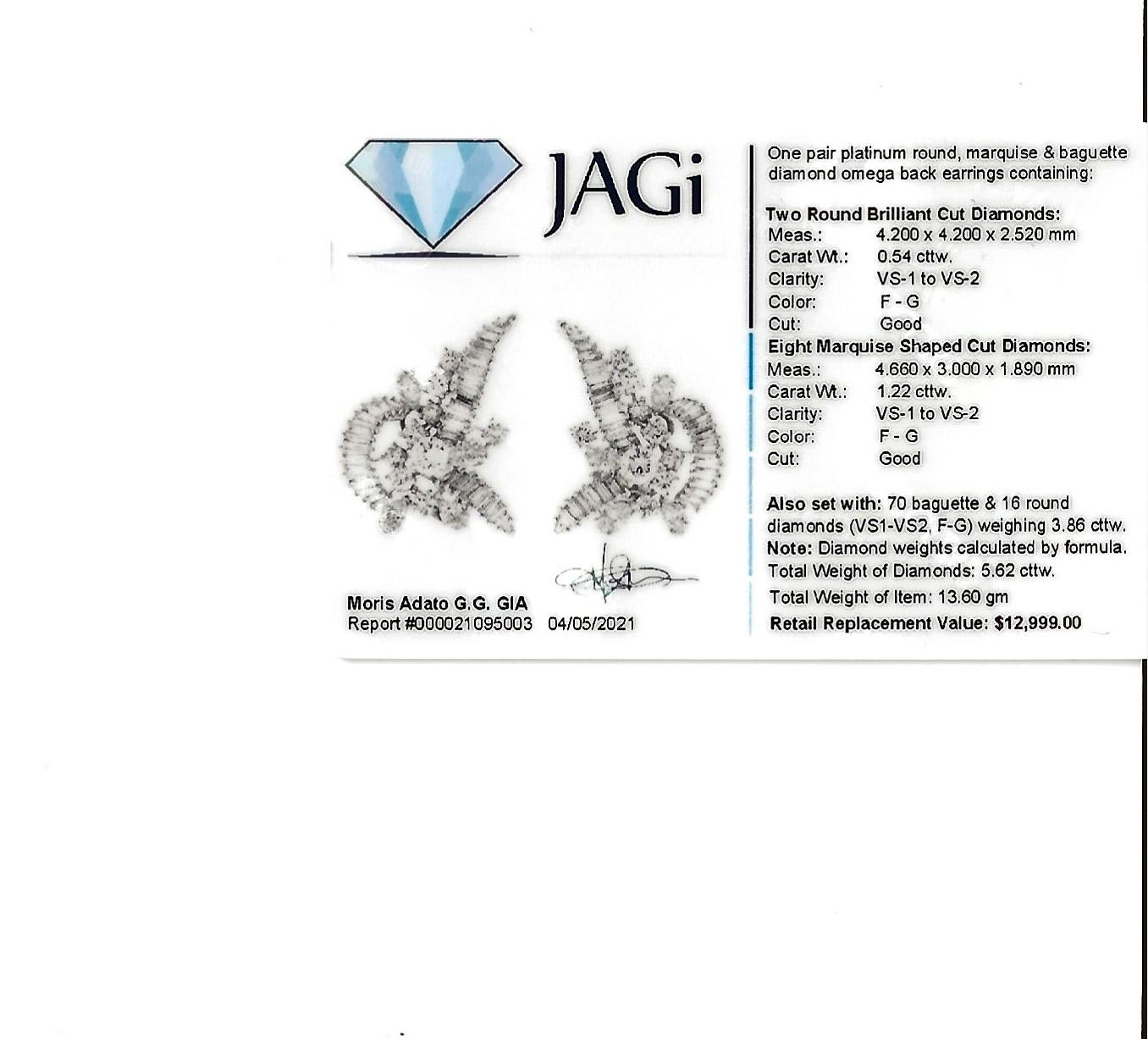 Baguette, Round and Marquis Diamond Cluster Earrings in Platinum with Omega Back For Sale 6