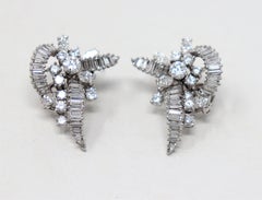 Baguette, Round and Marquis Diamond Cluster Earrings in Platinum with Omega Back