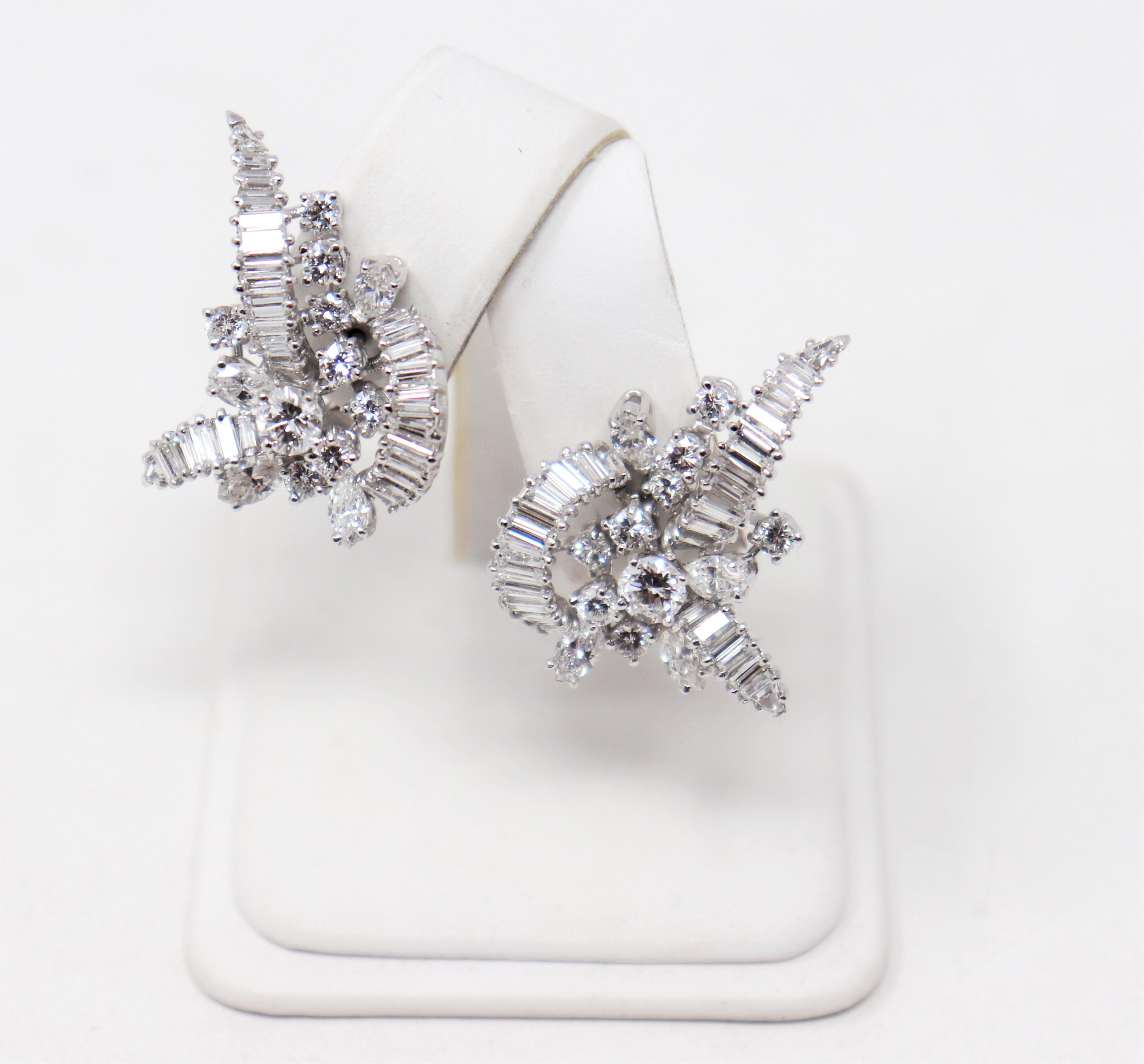 Contemporary Baguette, Round and Marquis Diamond Cluster Earrings in Platinum with Omega Back For Sale