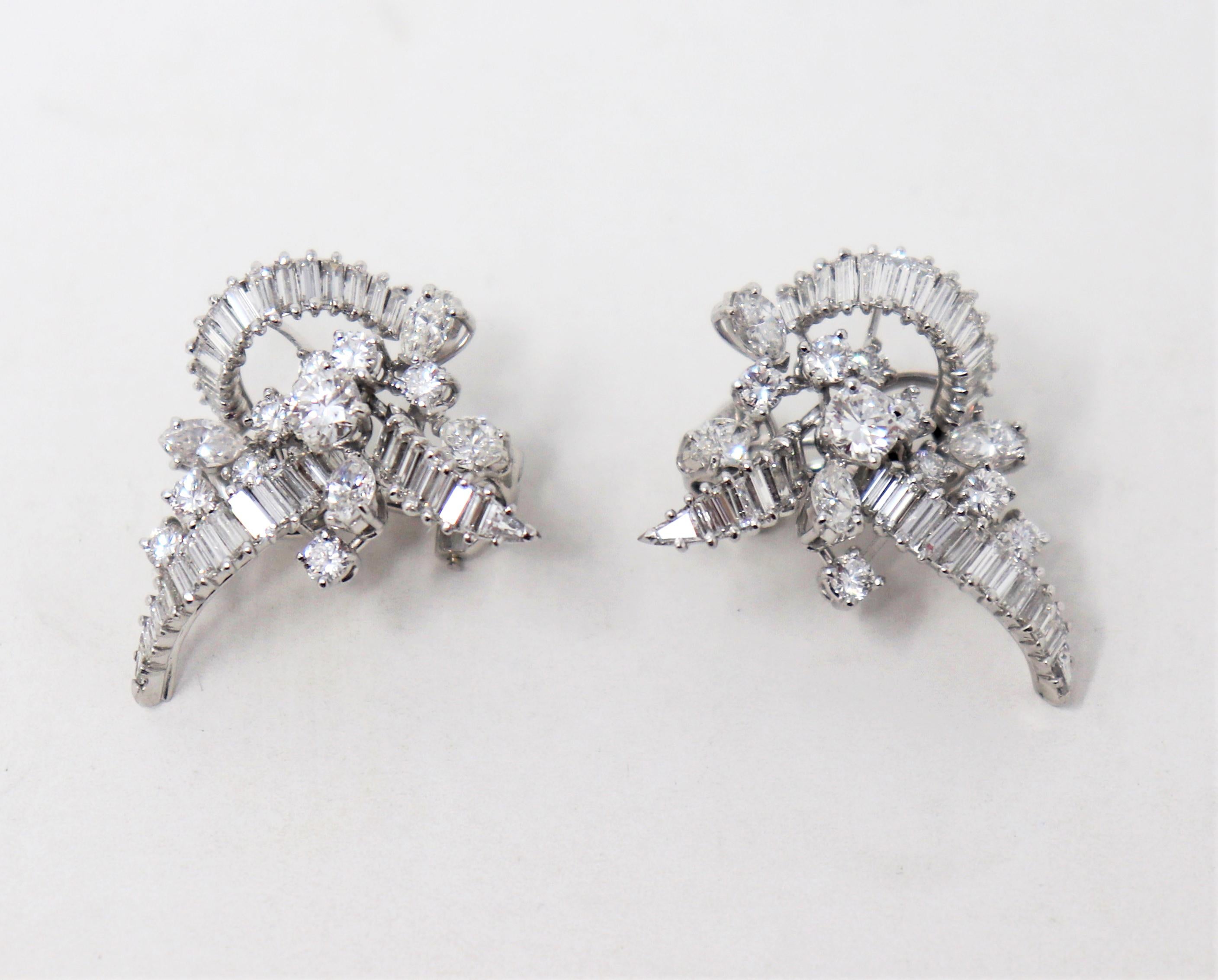Baguette Cut Baguette, Round and Marquis Diamond Cluster Earrings in Platinum with Omega Back For Sale