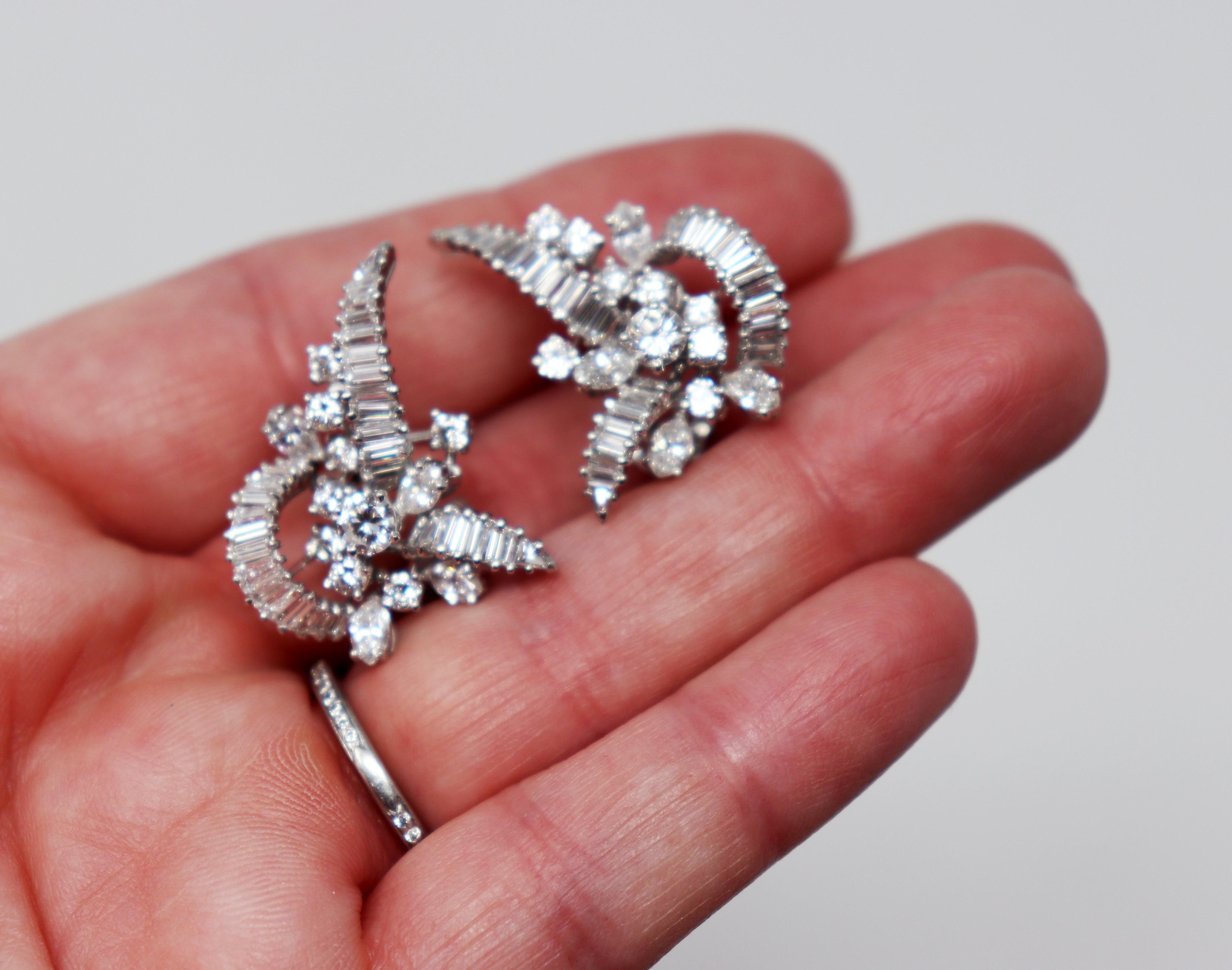 Baguette, Round and Marquis Diamond Cluster Earrings in Platinum with Omega Back In Excellent Condition For Sale In Scottsdale, AZ