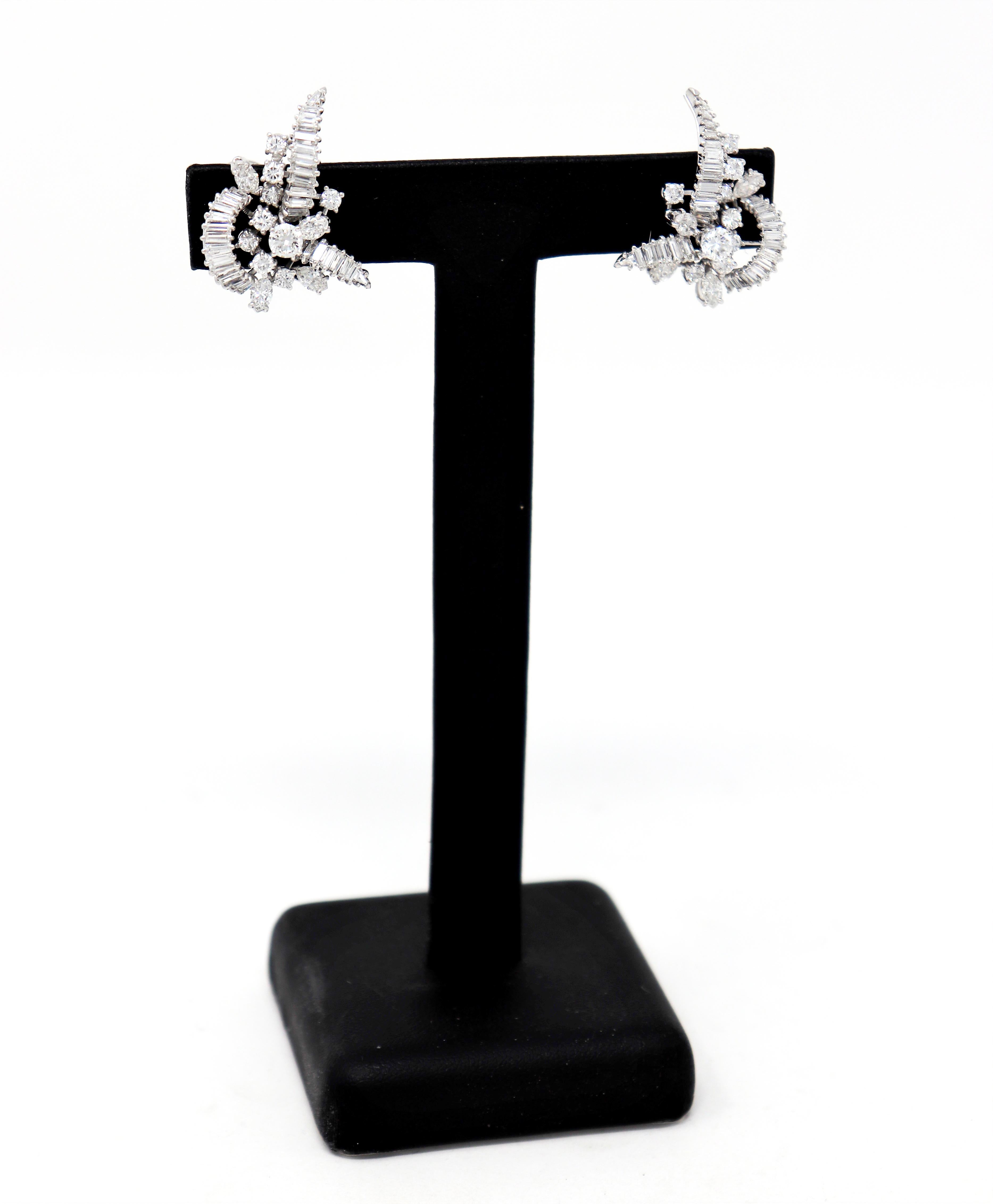 Baguette, Round and Marquis Diamond Cluster Earrings in Platinum with Omega Back For Sale 3