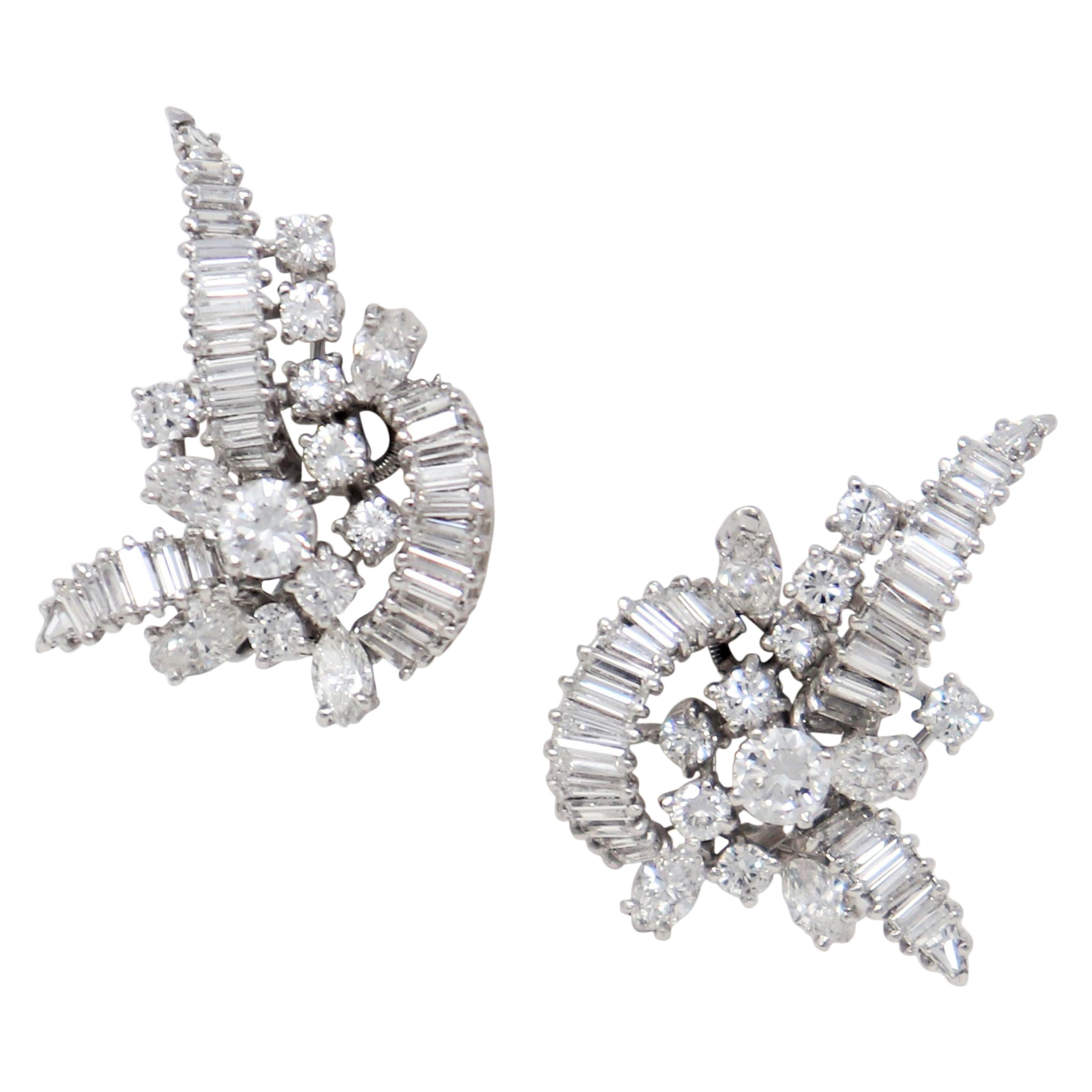 Baguette, Round and Marquis Diamond Cluster Earrings in Platinum with Omega Back For Sale