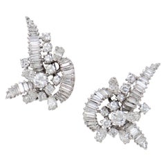 Baguette, Round and Marquis Diamond Cluster Earrings in Platinum with Omega Back