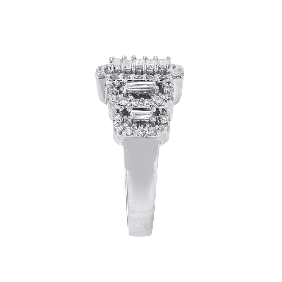 Material: 18k White Gold
Diamond Details: Approximately 1.25ctw of Round Brilliant and Baguette diamonds. Diamonds are G/H in color and SI in clarity
Size: 6.75
Total Weight: 7.1g (4.5dwt)
Measurements: 0.78″ x 0.46″ x 0.92″
SKU: R4851