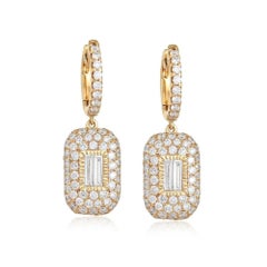 Baguette Round Cut 14K (or 18k upon request) Gold Rectangle Drop Earrings