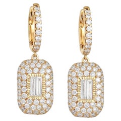 Baguette Round Cut 14K (or 18k upon request) Gold Rectangle Drop Earrings