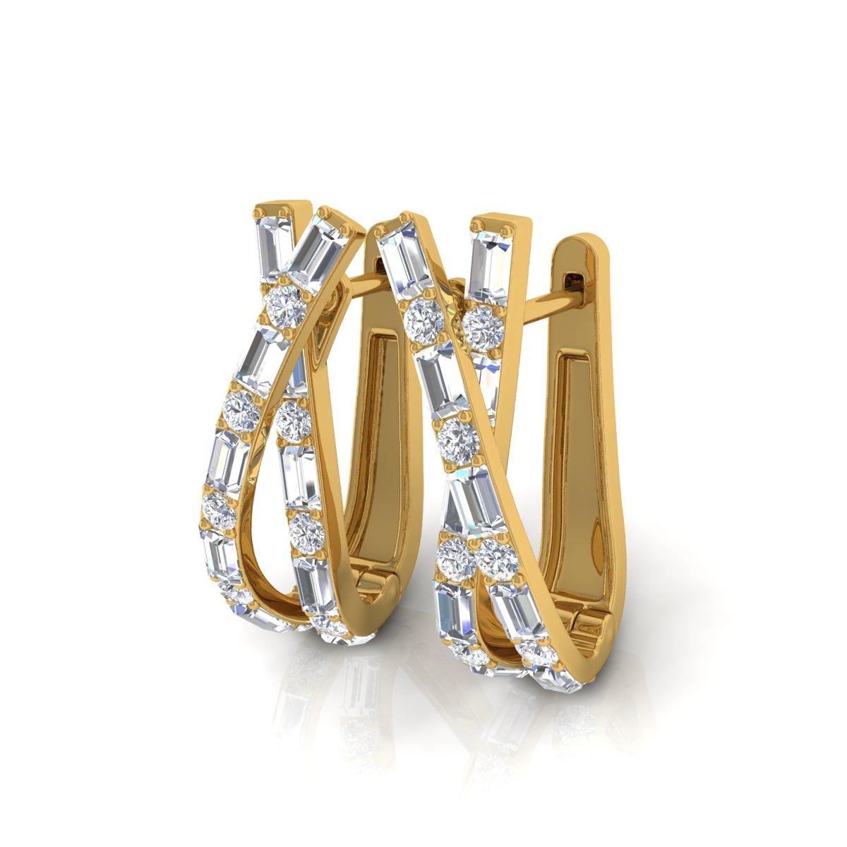 Moderne Créoles en or jaune 14 carats avec diamants baguettes de 1,8 carat SI/H en vente
