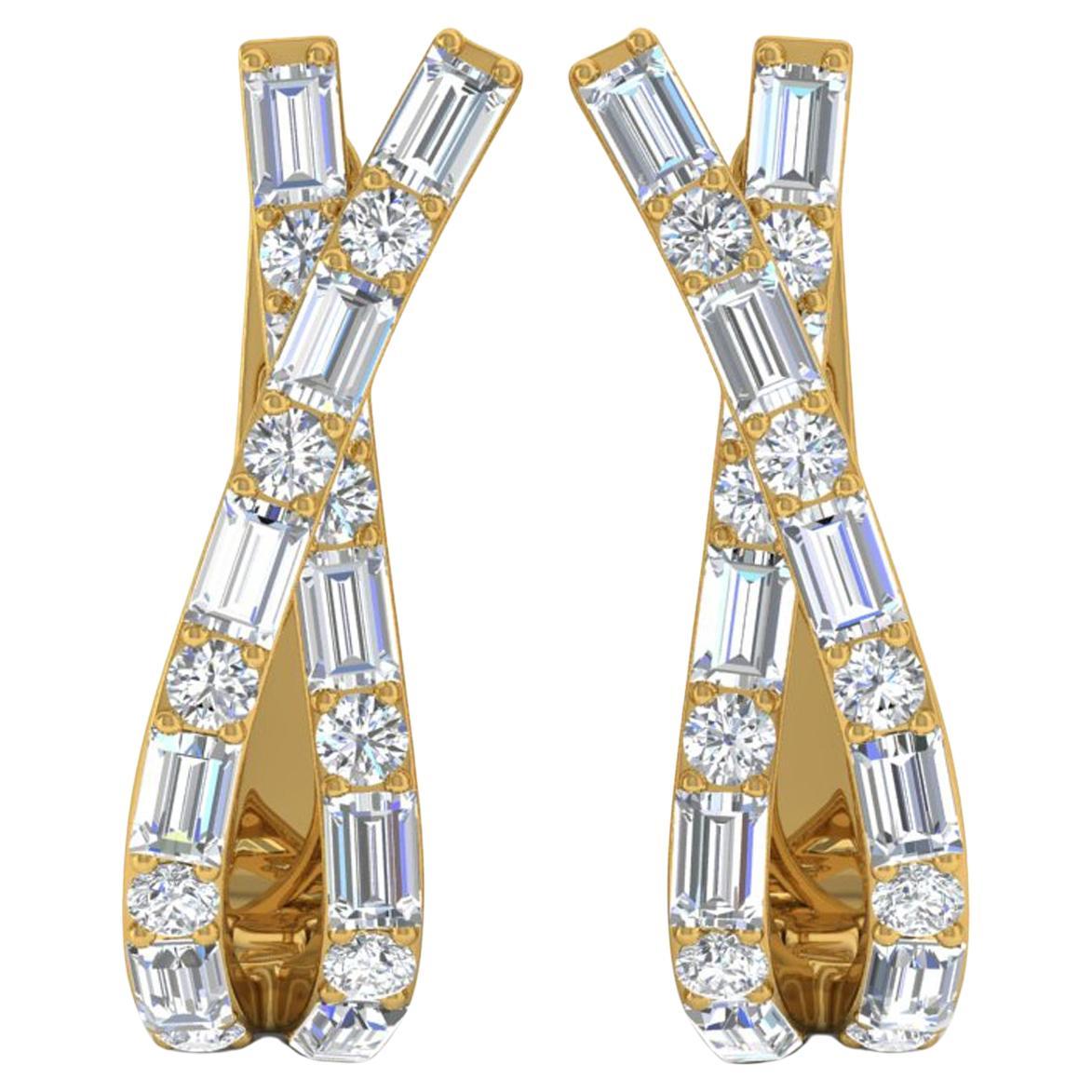 Créoles en or jaune 14 carats avec diamants baguettes de 1,8 carat SI/H