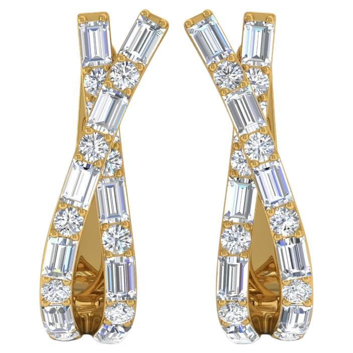 Baguette Round Cut 1.8 Carat SI/H Diamond Hoop Earrings 18 Karat Yellow Gold