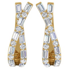 Baguette Round Cut 1.8 Carat SI/H Diamond Hoop Earrings 18 Karat Yellow Gold