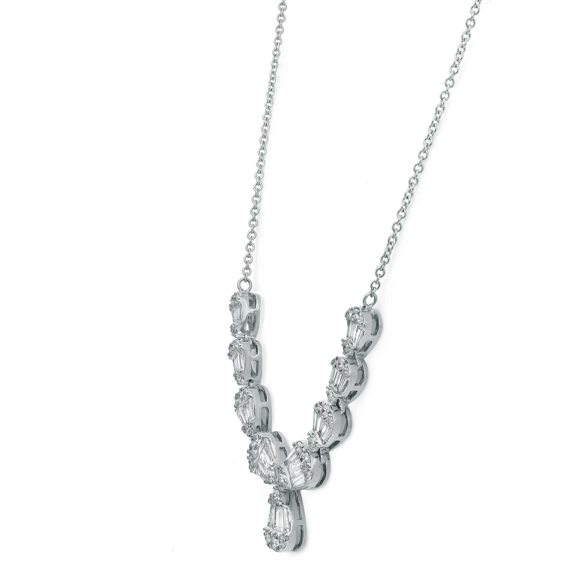Bask in brilliance with this alluring diamond bar drop necklace. Crafted in 14K white gold, this necklace features nine pear shaped shanks in graduation, studded with channel set baguette cut and prong set round brilliant cut diamonds. Total diamond