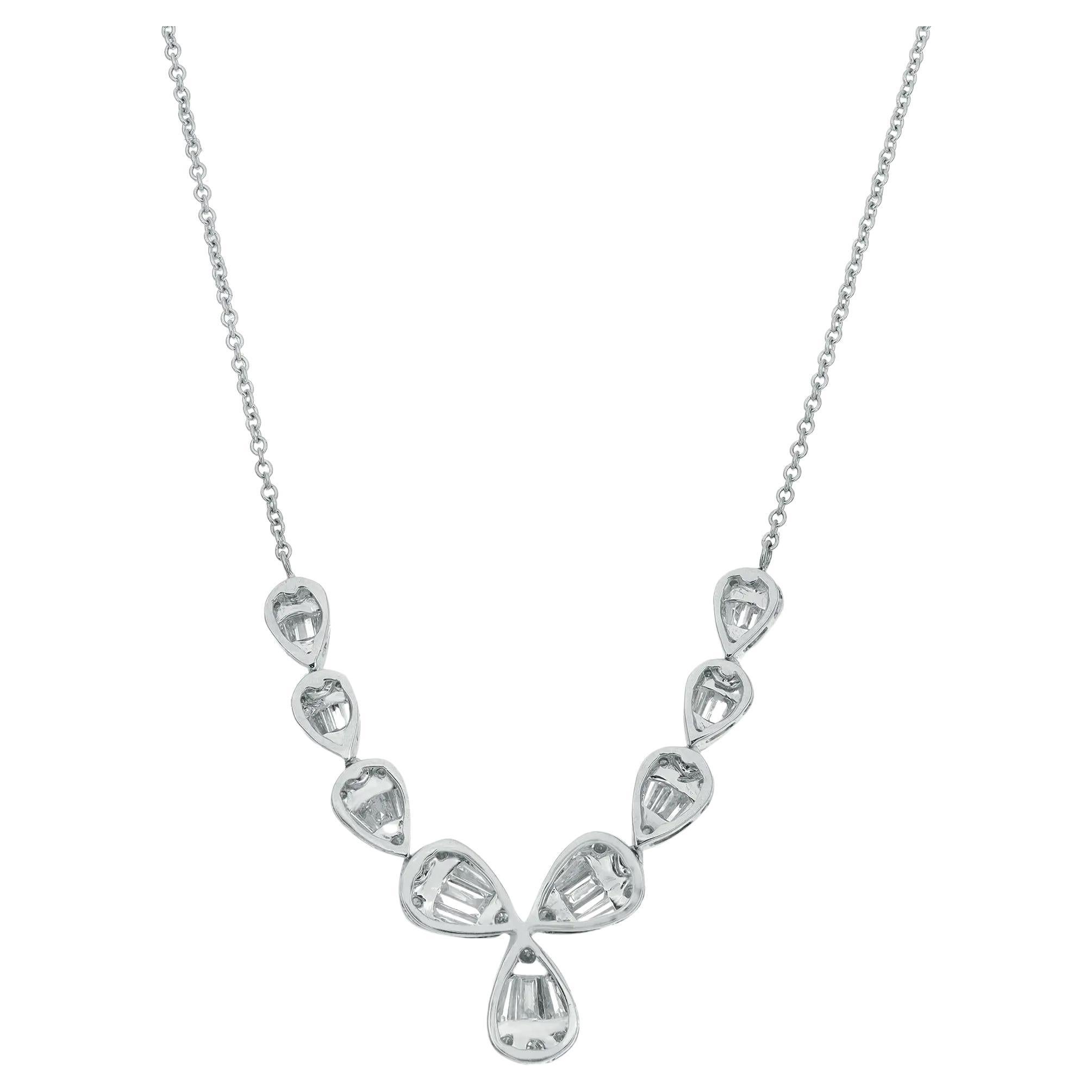 Modern Baguette & Round Cut Diamond Bar Drop Necklace 14K White Gold 1.75Cttw For Sale