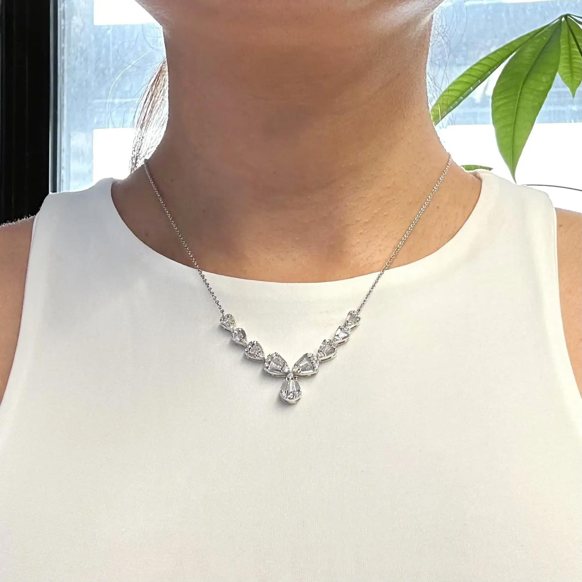 Women's Baguette & Round Cut Diamond Bar Drop Necklace 14K White Gold 1.75Cttw For Sale