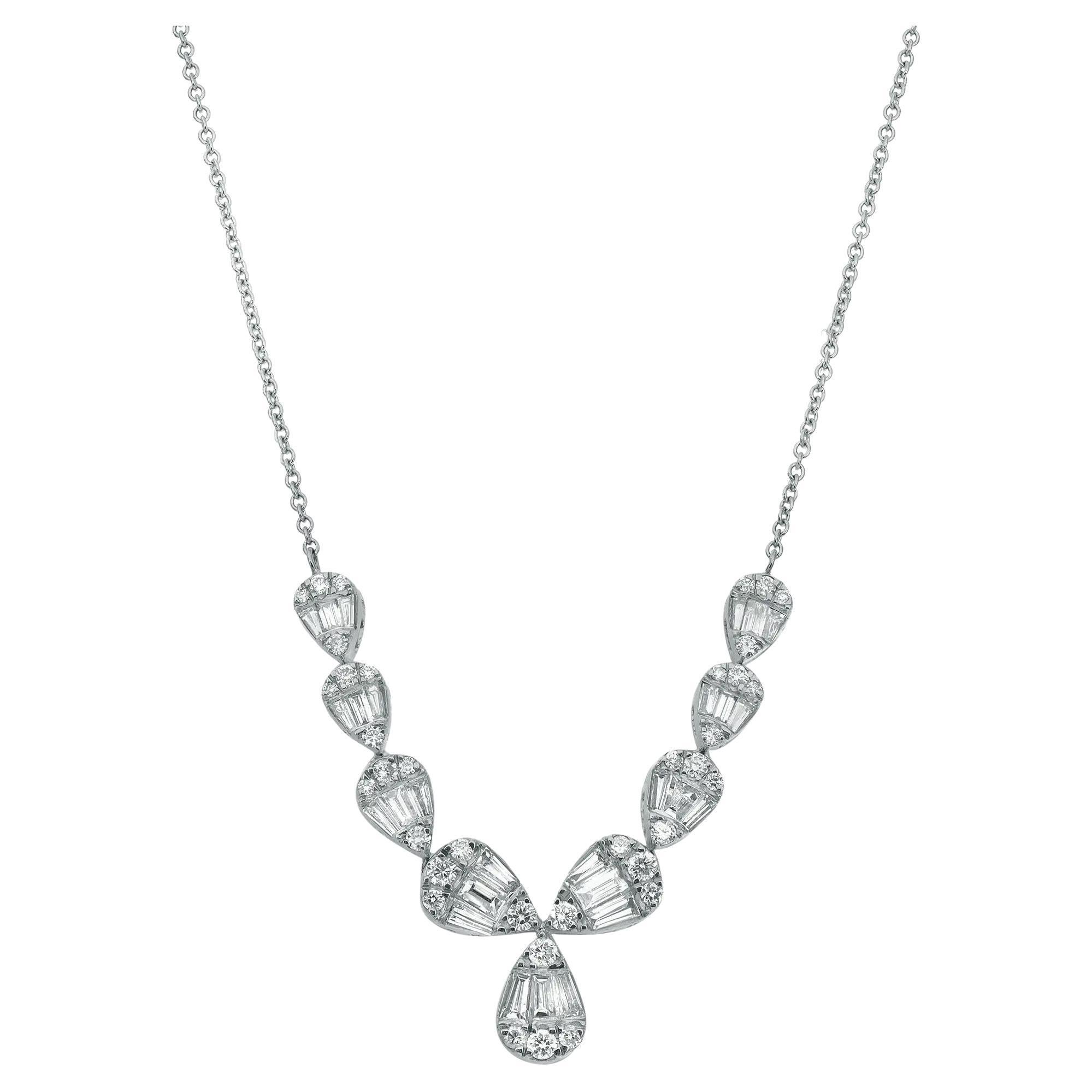 Baguette & Round Cut Diamond Bar Drop Necklace 14K White Gold 1.75Cttw For Sale