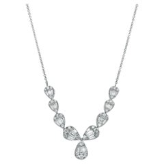 Baguette & Round Cut Diamond Bar Drop Necklace 14K White Gold 1.75Cttw