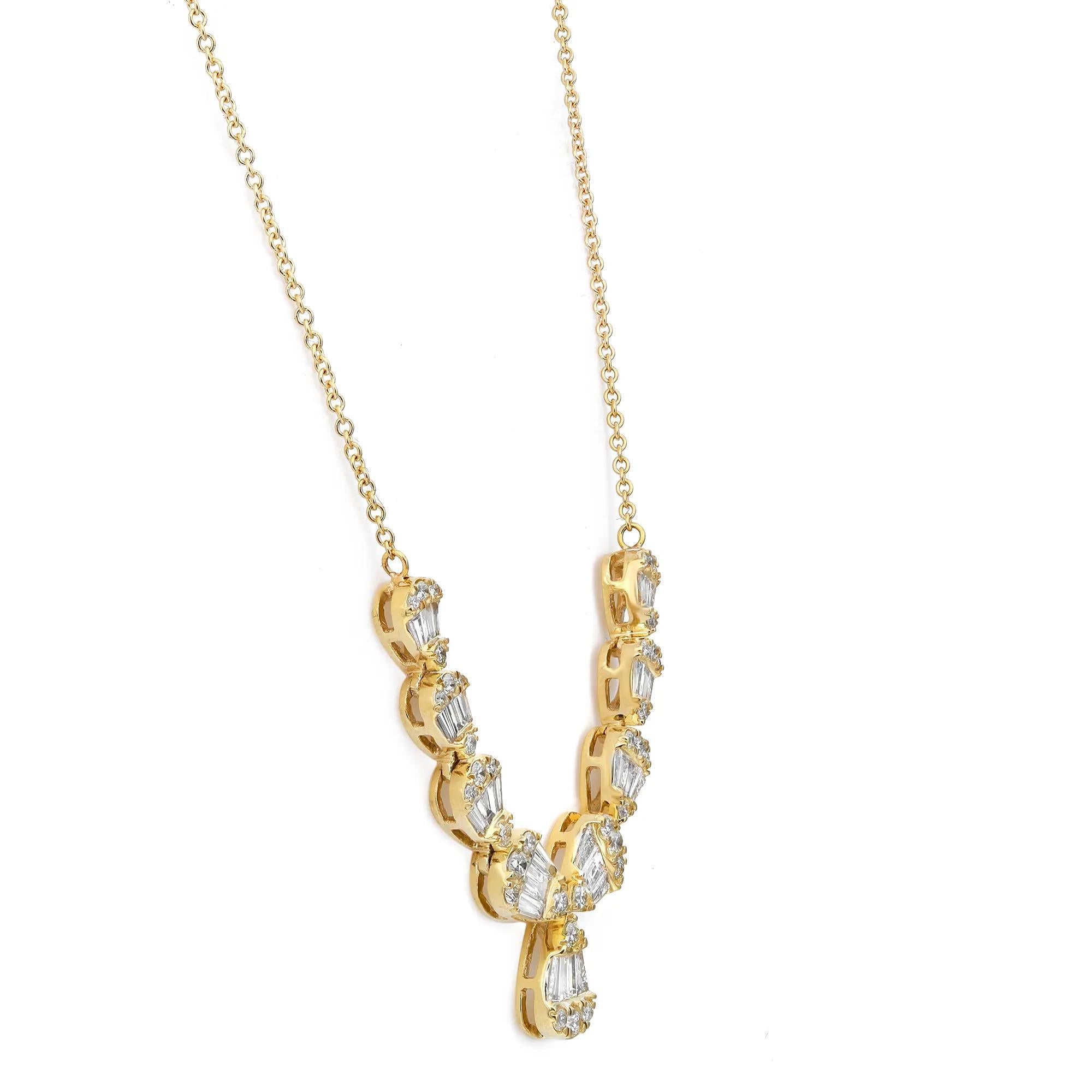 Bask in brilliance with this alluring diamond bar drop necklace. Crafted in 14K yellow gold, this necklace features nine pear shaped shanks in graduation, studded with channel set baguette cut and prong set round brilliant cut diamonds. Total