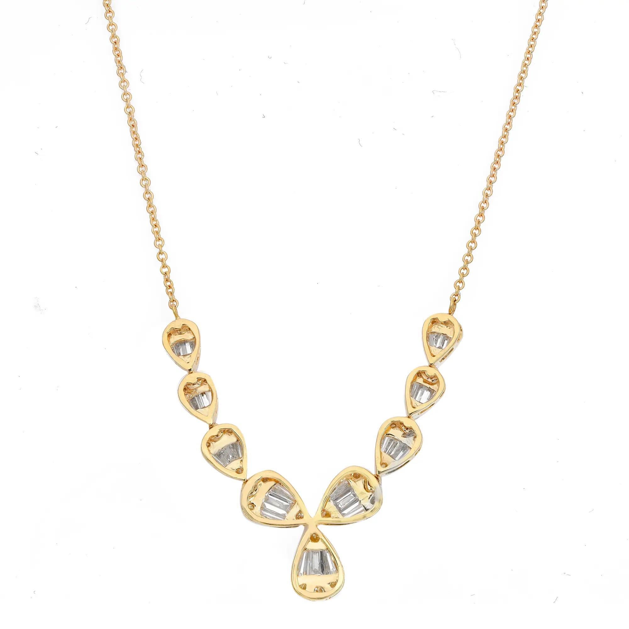 Modern Baguette & Round Cut Diamond Bar Drop Necklace 14K Yellow Gold 1.75Cttw For Sale