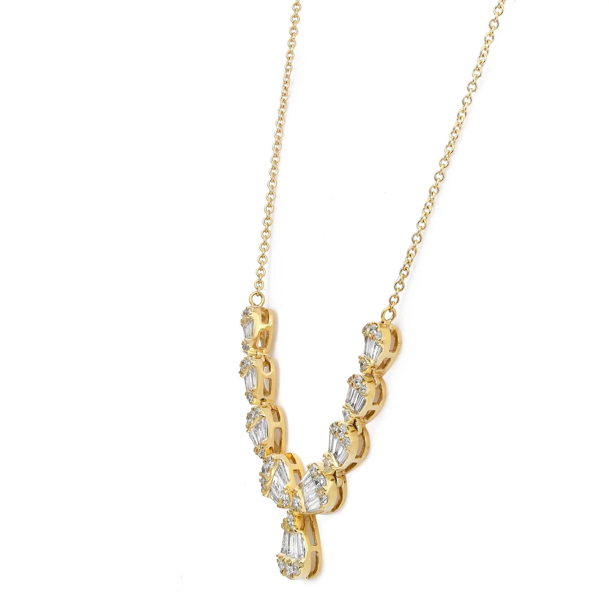 Baguette Cut Baguette & Round Cut Diamond Bar Drop Necklace 14K Yellow Gold 1.75Cttw For Sale