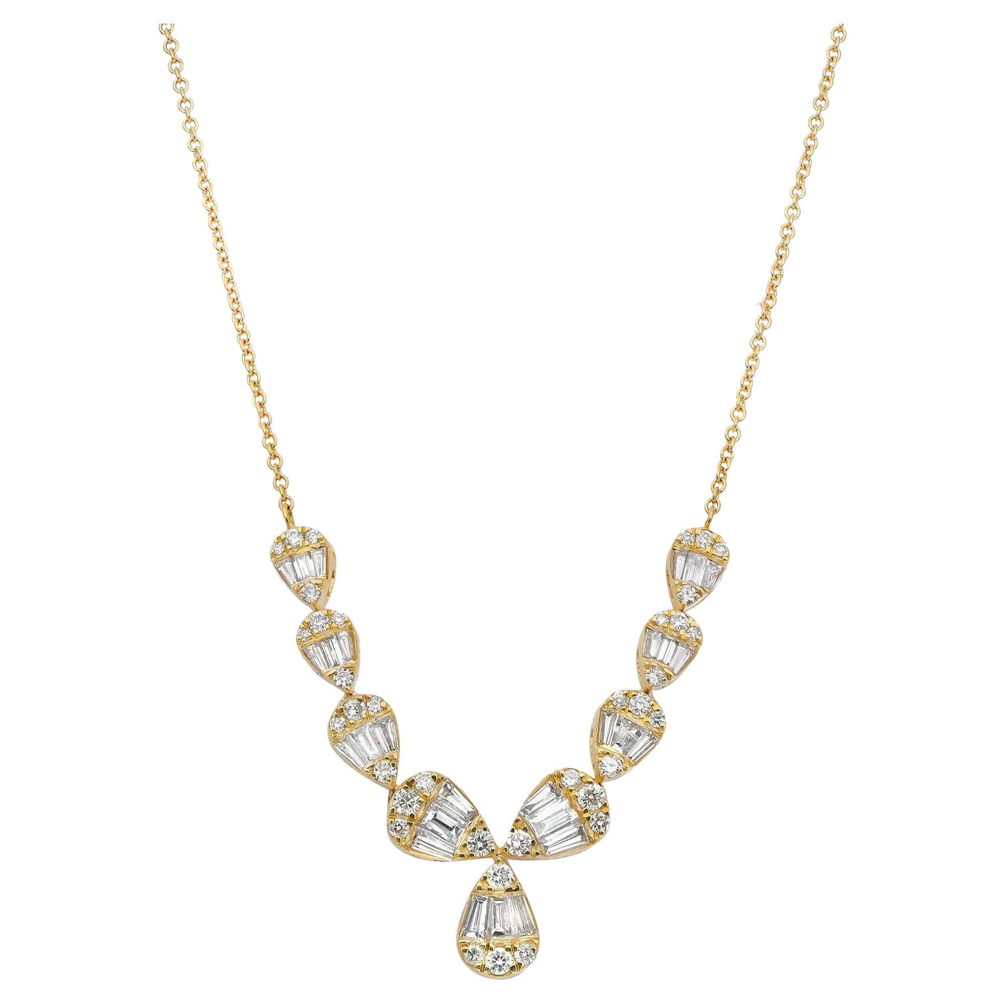 Baguette & Round Cut Diamond Bar Drop Necklace 14K Yellow Gold 1.75Cttw For Sale