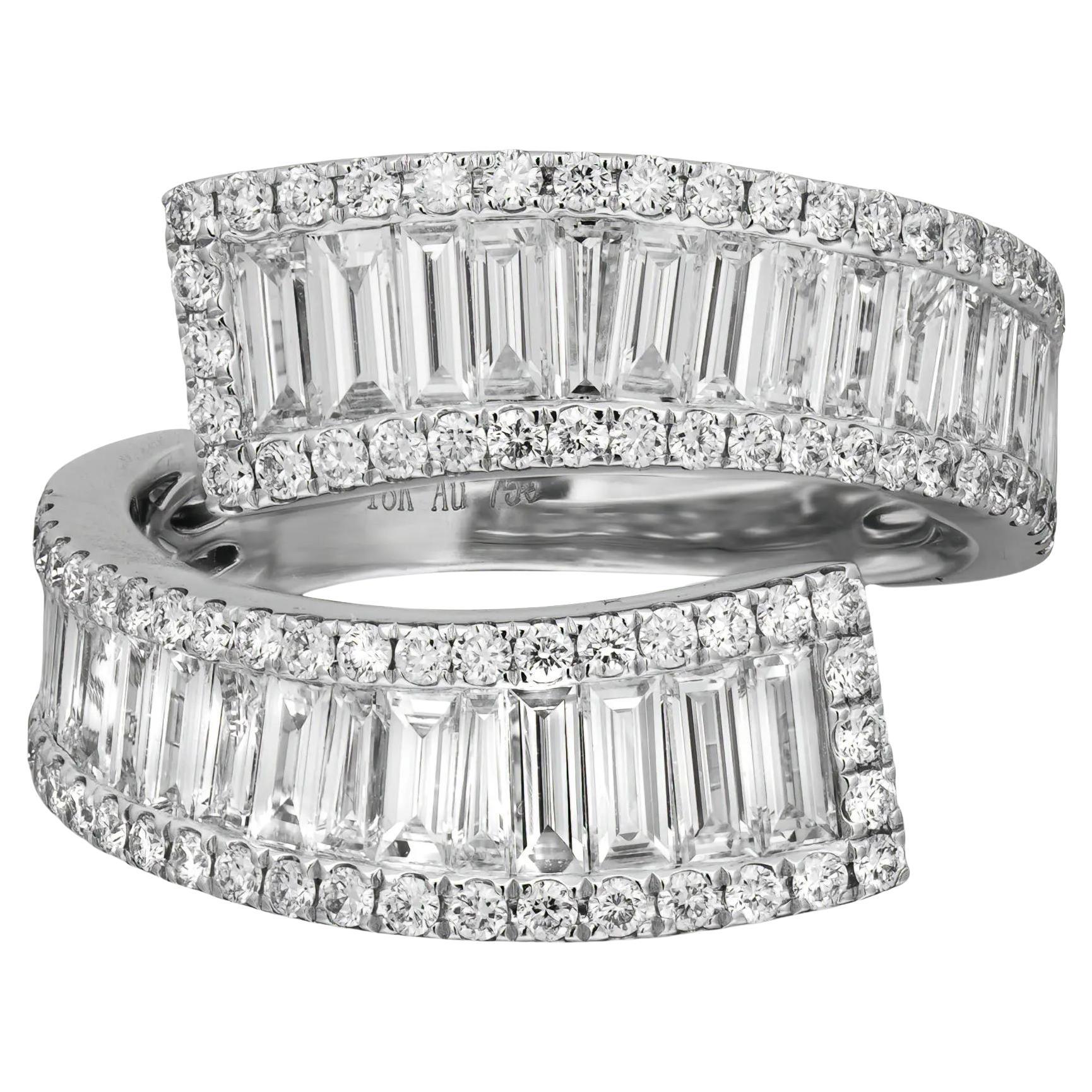 Baguette & Round Cut Diamond Bypass Ring 18K White Gold 1.90Cttw Size 7